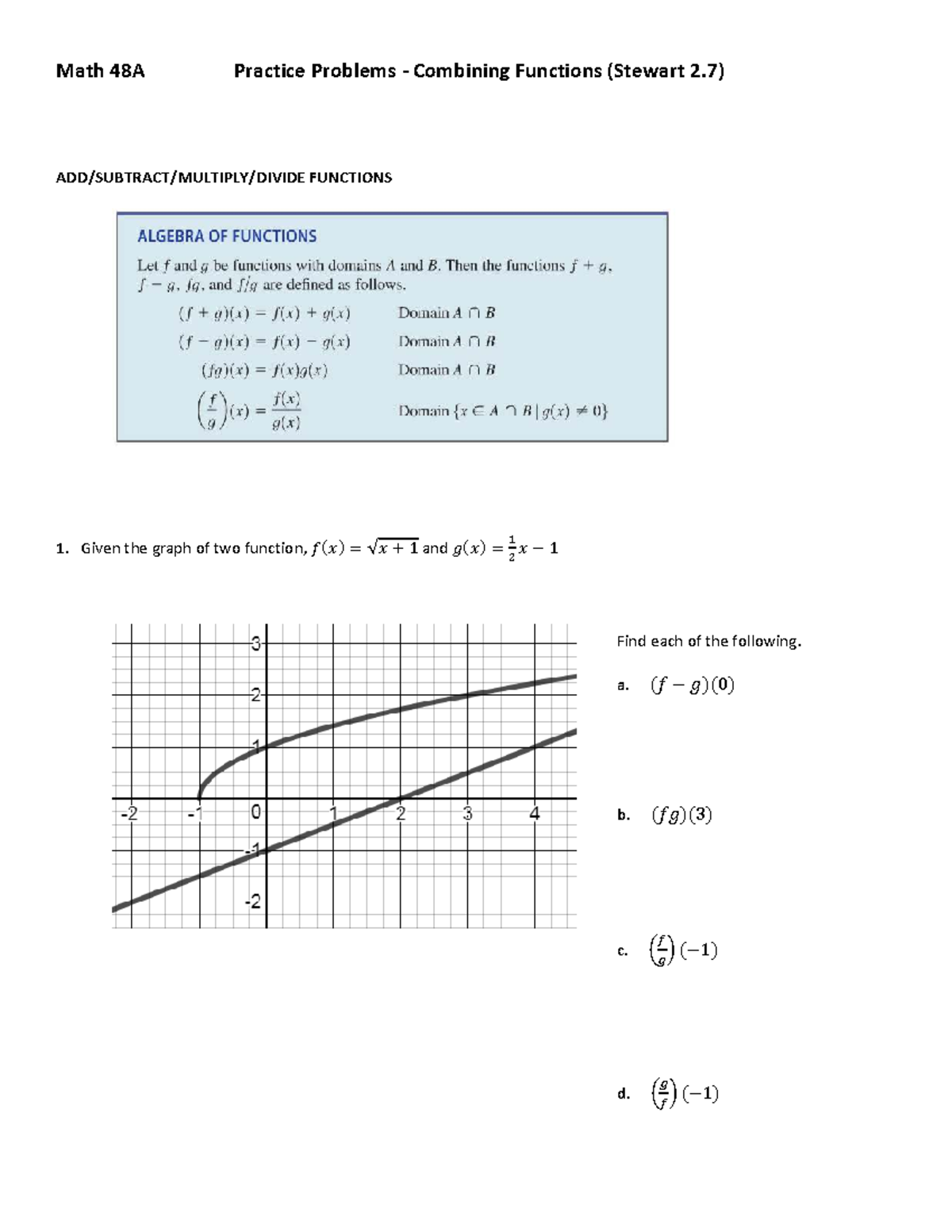 Math 48A Practice Problems: Combining Functions (Stewart 2.7) - Studocu