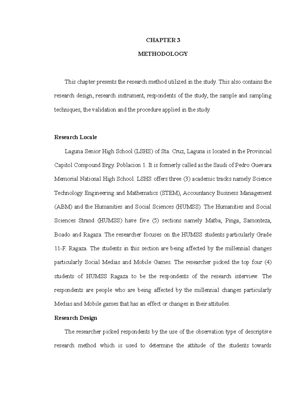 Chapter 3 - Research Methodology for HUMSS Grade 11-F Study - Studocu