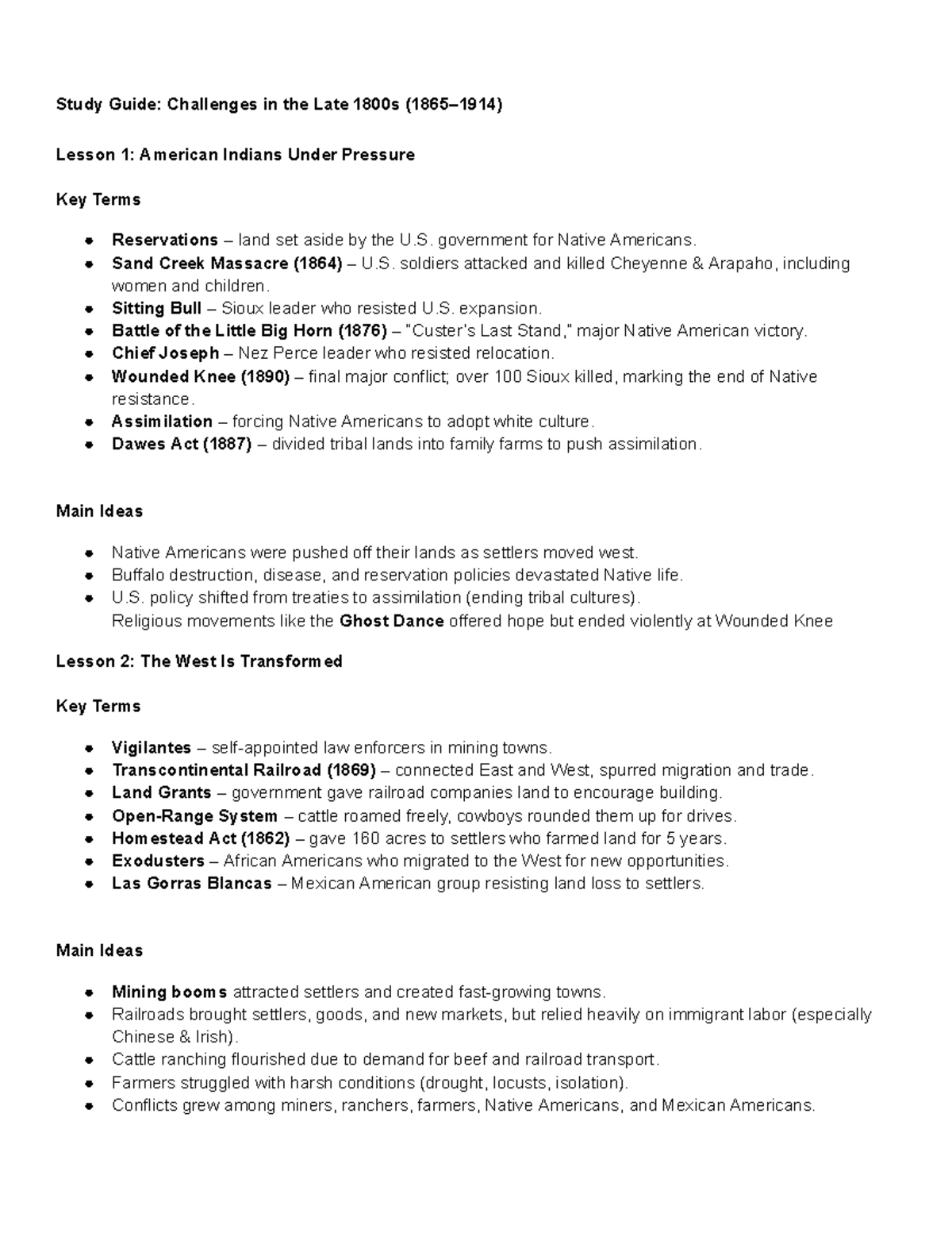 Study Guide: America's Challenges 1865-1914 - Key Terms & Ideas - Studocu