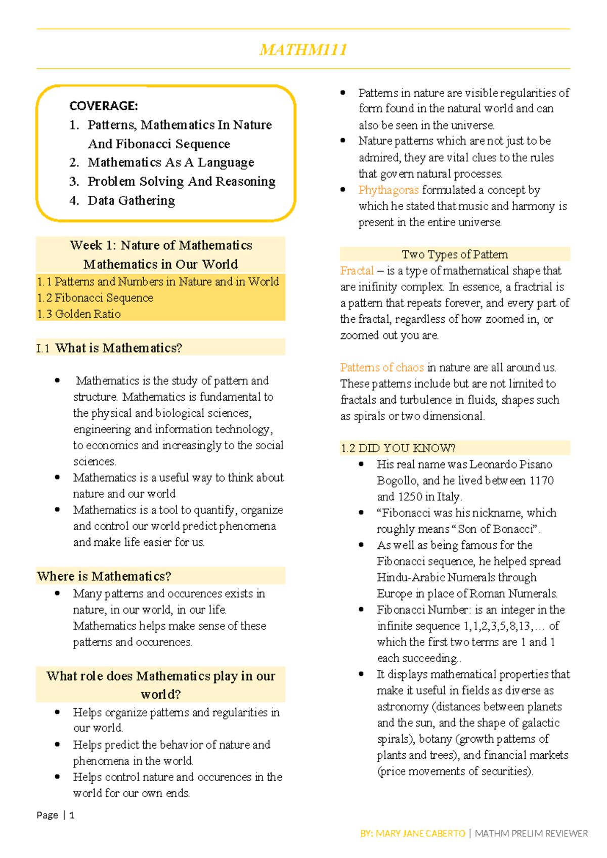 Mathm 111: Prelim Notes on Patterns and Language in Mathematics - Studocu