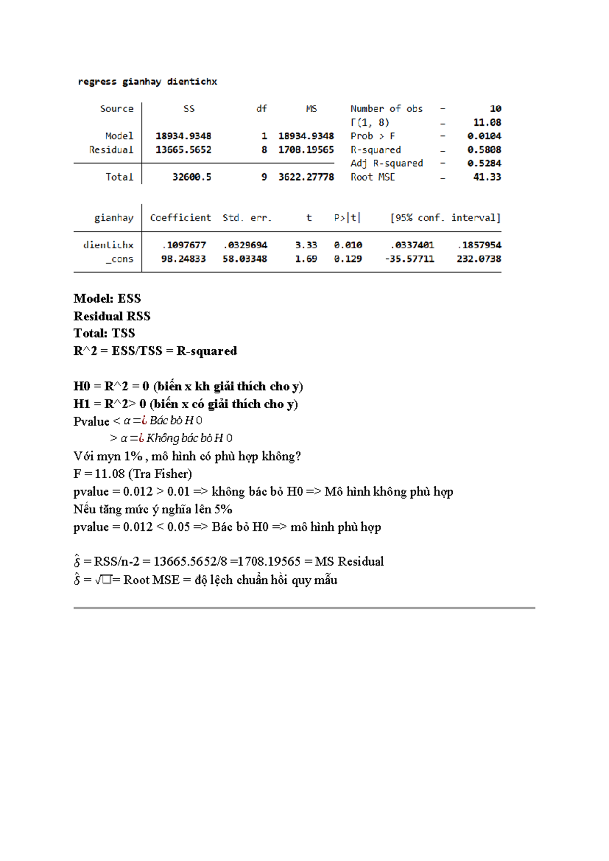 KTL - note bài tập - Model: ESS Residual RSS Total: TSS R^2 = ESS/TSS ...