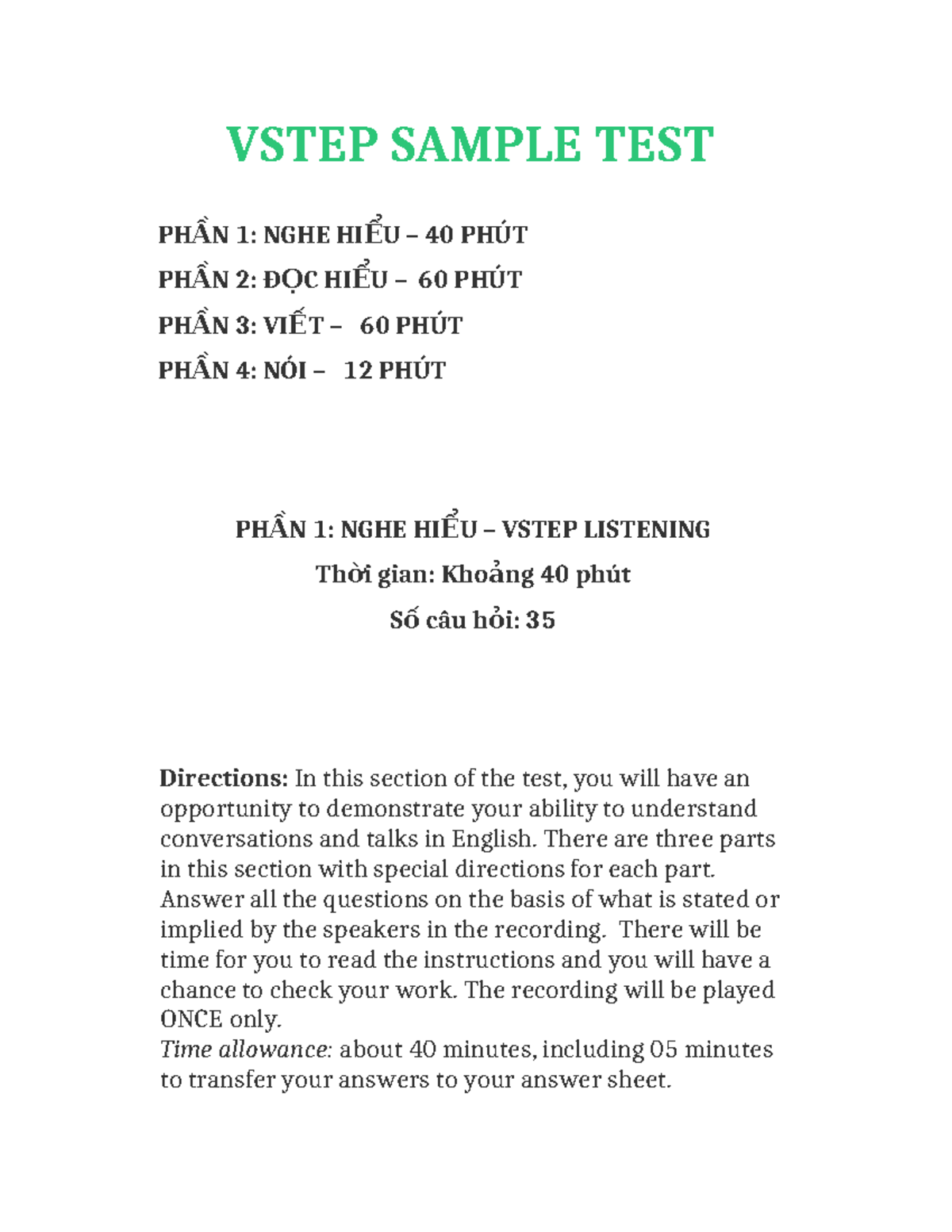 VSTEP Sample Test: Listening, Reading, and Writing Sections - Studocu