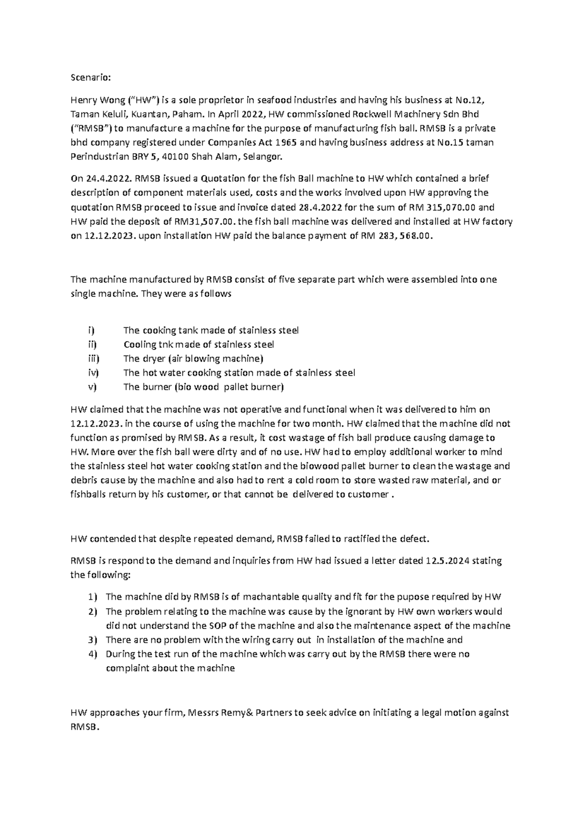 Midterm Case Study: Legal Action Against RMSB for Defective Machine ...