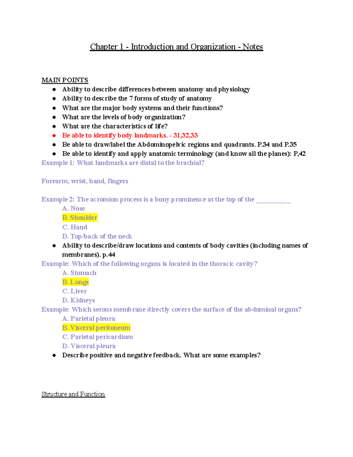 Anatomy and Physiology Overview: Chapter 1 Notes (BIO 101) - Studocu