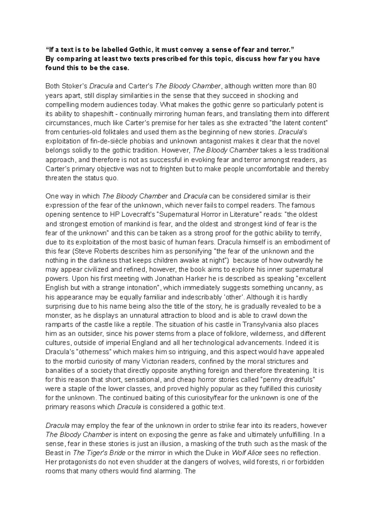 Gothic Texts: Fear & Terror in Dracula and The Bloody Chamber Essay ...