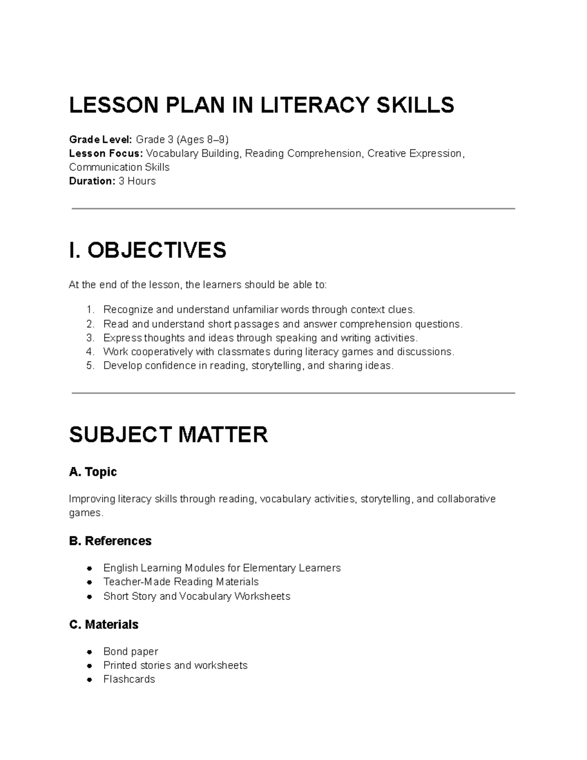 Grade 3 Literacy Skills Lesson Plan: Vocabulary & Comprehension ...