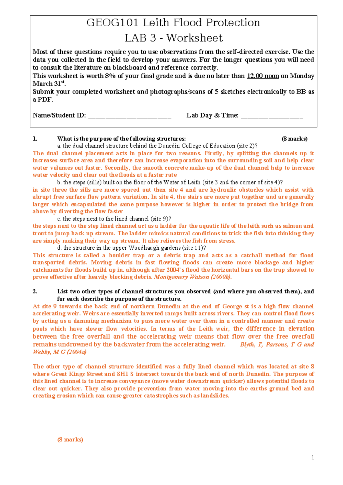 7001678 - GEOG101 Leith Flood Protection Lab Worksheet - Studocu