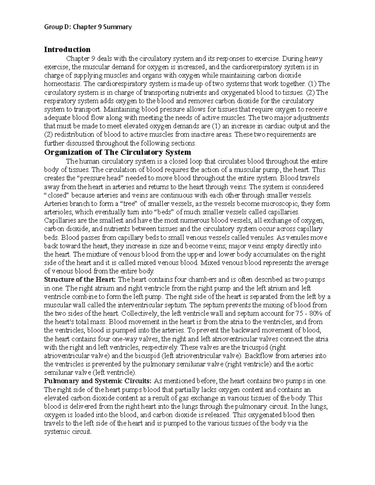 Chapter 9 Summary - Introduction Chapter 9 deals with the circulatory ...