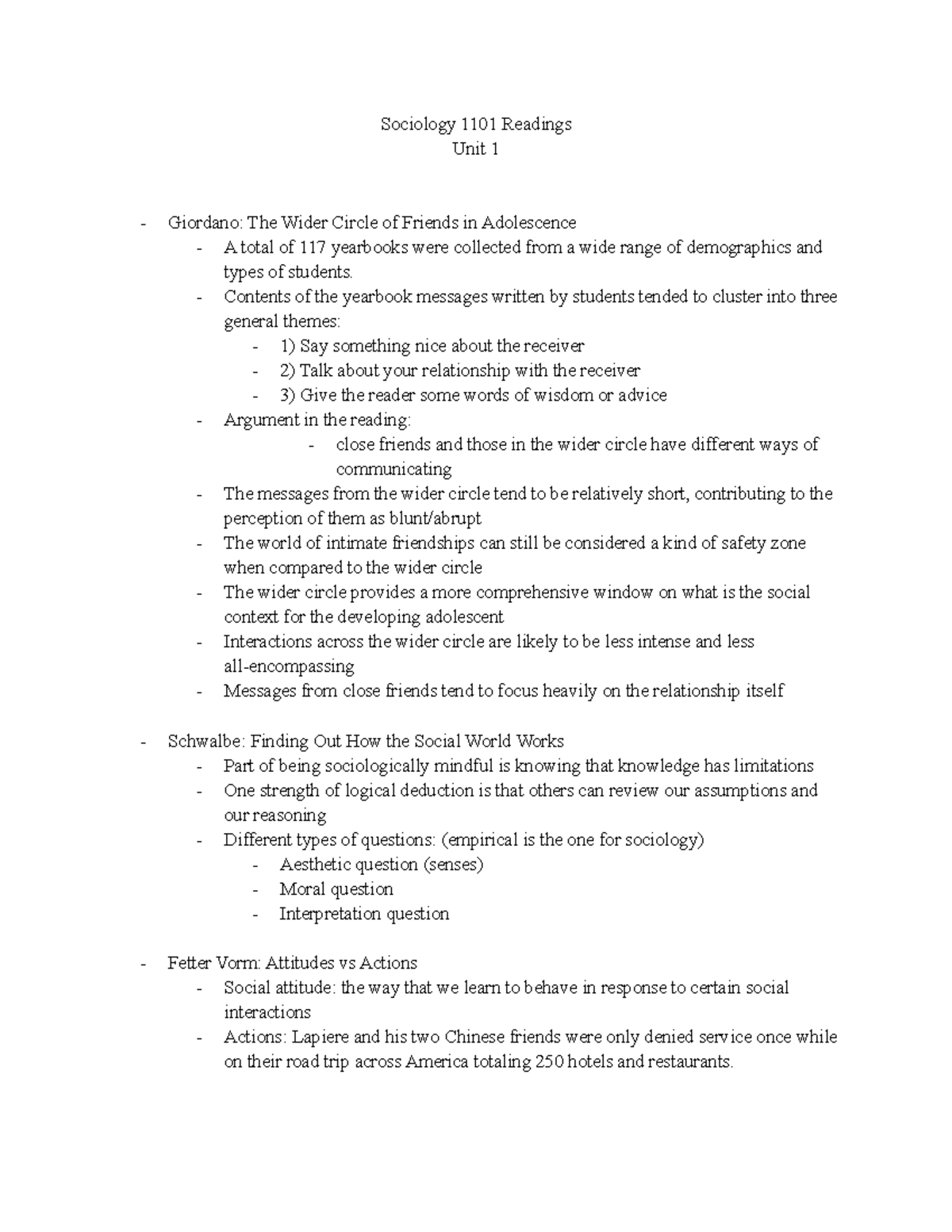 Sociology 1101 Unit 1 Readings: Themes in Social Interactions - Studocu