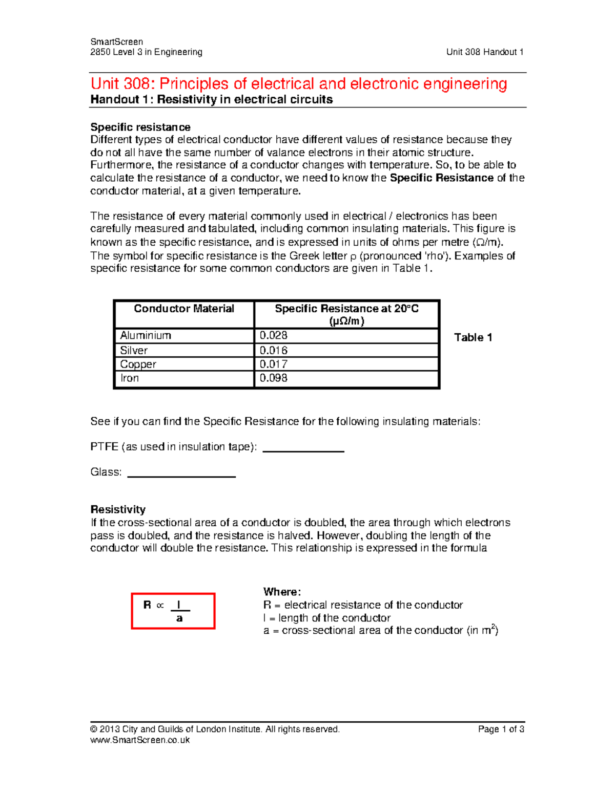 SmartScreen 2850 Level 3 Engineering Unit 308 Handout 1: Resistivity in ...