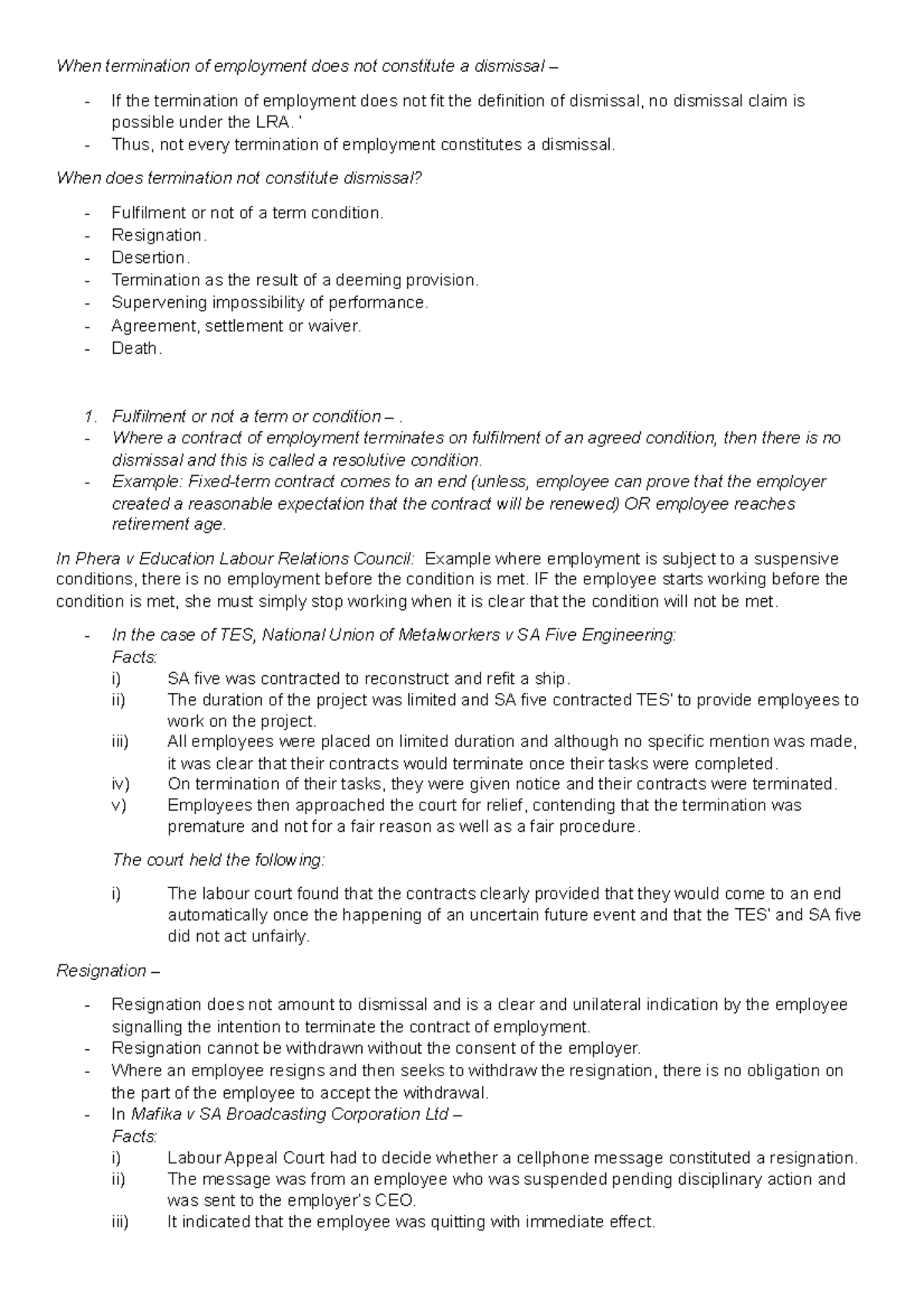 Chapter 8 Part 2 - Summary of Employment Termination & Dismissal - Studocu