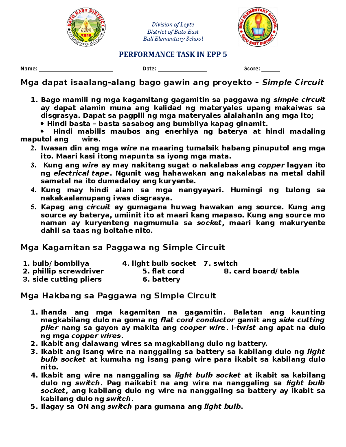 PT EPP5 Q2 - Simple Circuit Performance Task Guide - Studocu