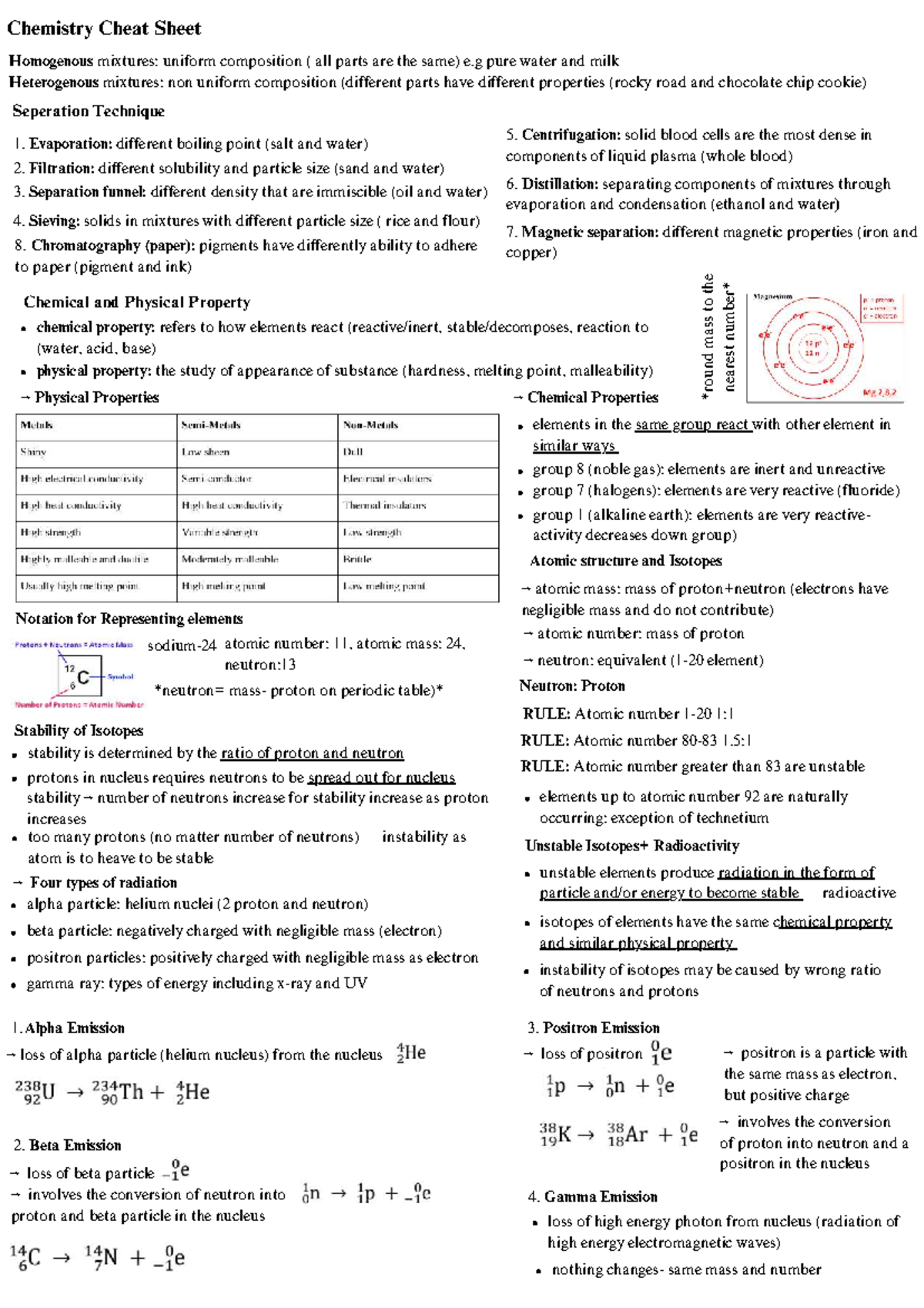 Chemistry Cheat Sheet: Mixtures, Properties, and Reactions - Studocu
