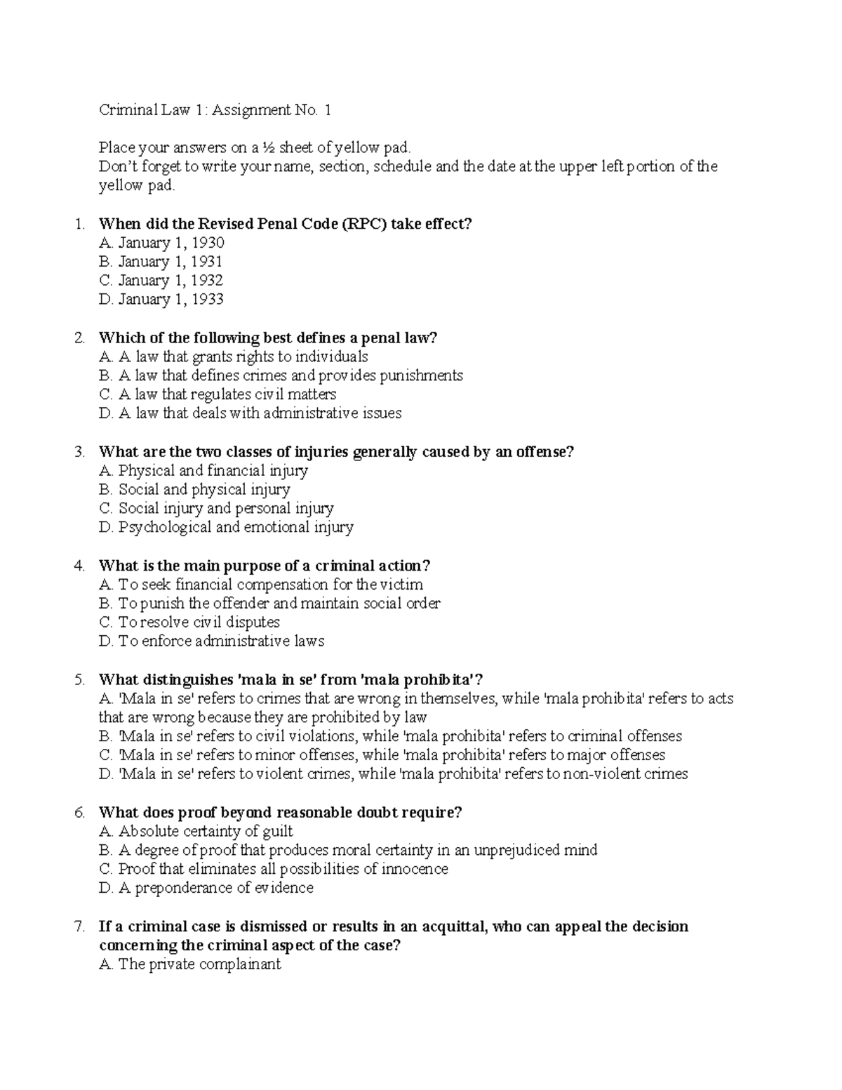 Criminal Law 1: Assignment No. 1 Study Questions and Answers - Studocu