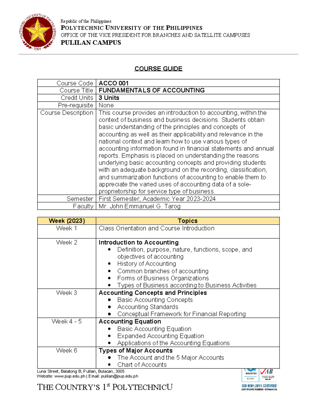 ACCO 001 Fundamentals of Accounting Course Guide AY2023-2024 - Studocu