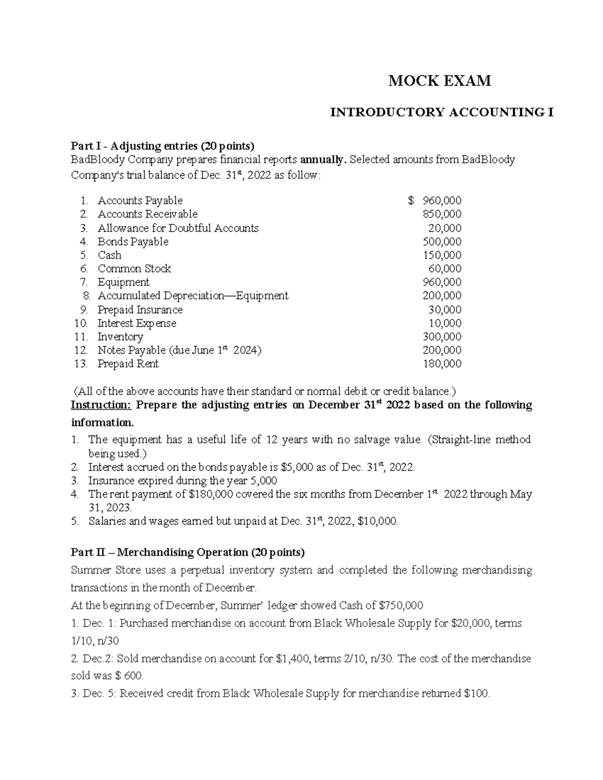 Mock Test 2 - de thi thu - MOCK EXAM INTRODUCTORY ACCOUNTING I Part I ...