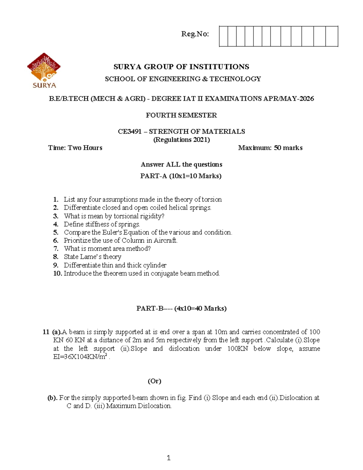 IAT II Exam CE3491 Strength of Materials - Fourth Semester Notes - Studocu