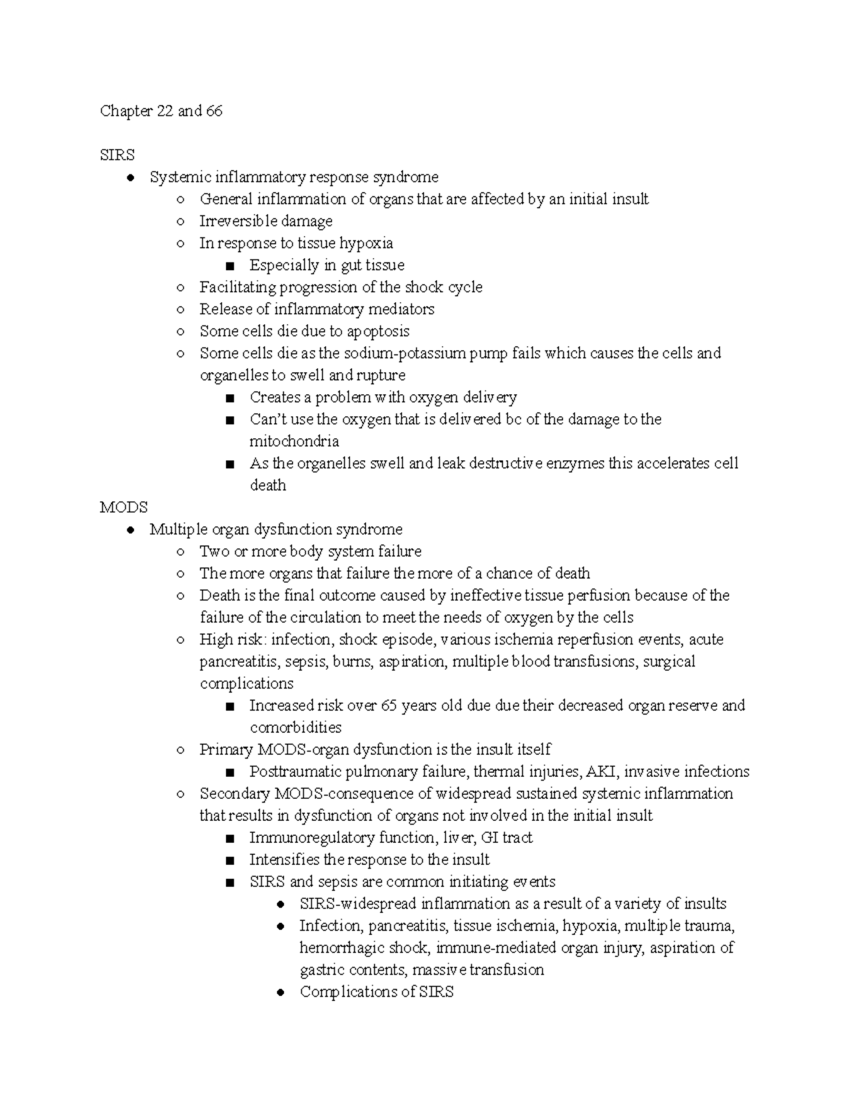 Chapter 22 & 66: Understanding SIRS and MODS in Clinical Context - Studocu