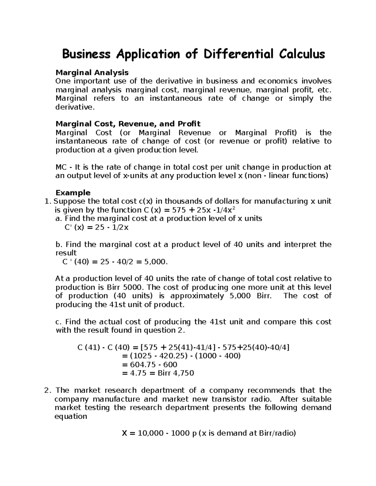 Business Applications of Differential Calculus: Marginal Analysis (Ch V ...