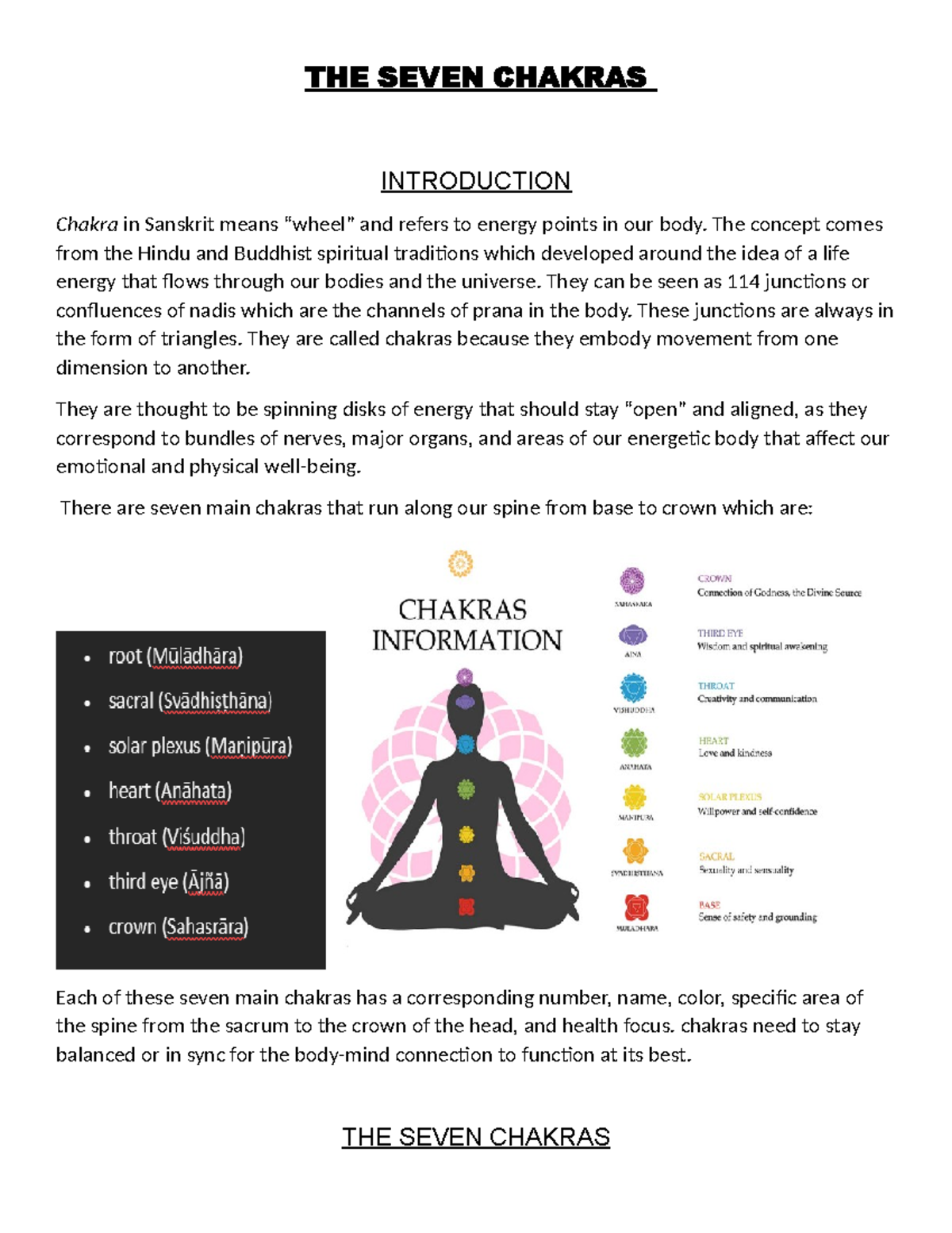 Chakra - THE SEVEN CHAKRAS INTRODUCTION Chakra in Sanskrit means “wheel ...