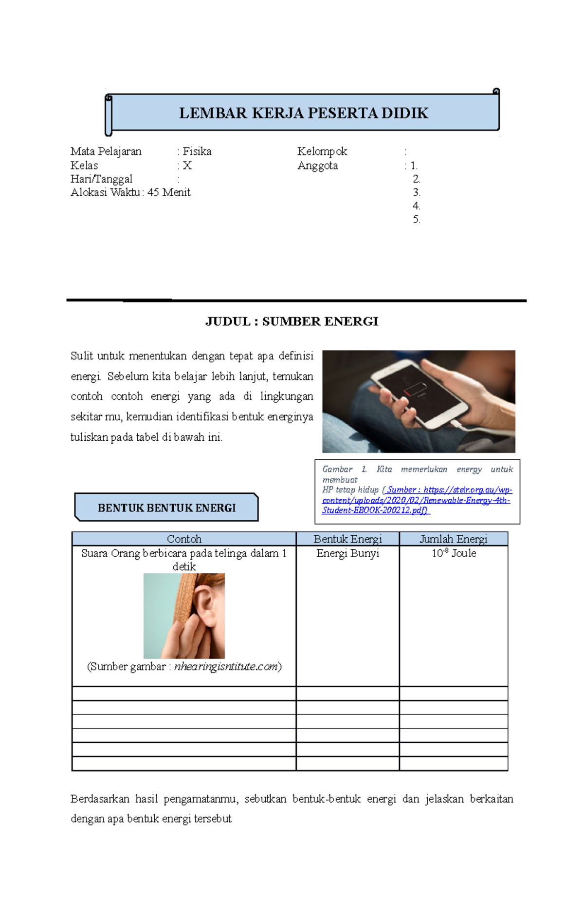 LKPD Fisika Kelas X: Sumber Energi dan Bentuknya - Document Preview