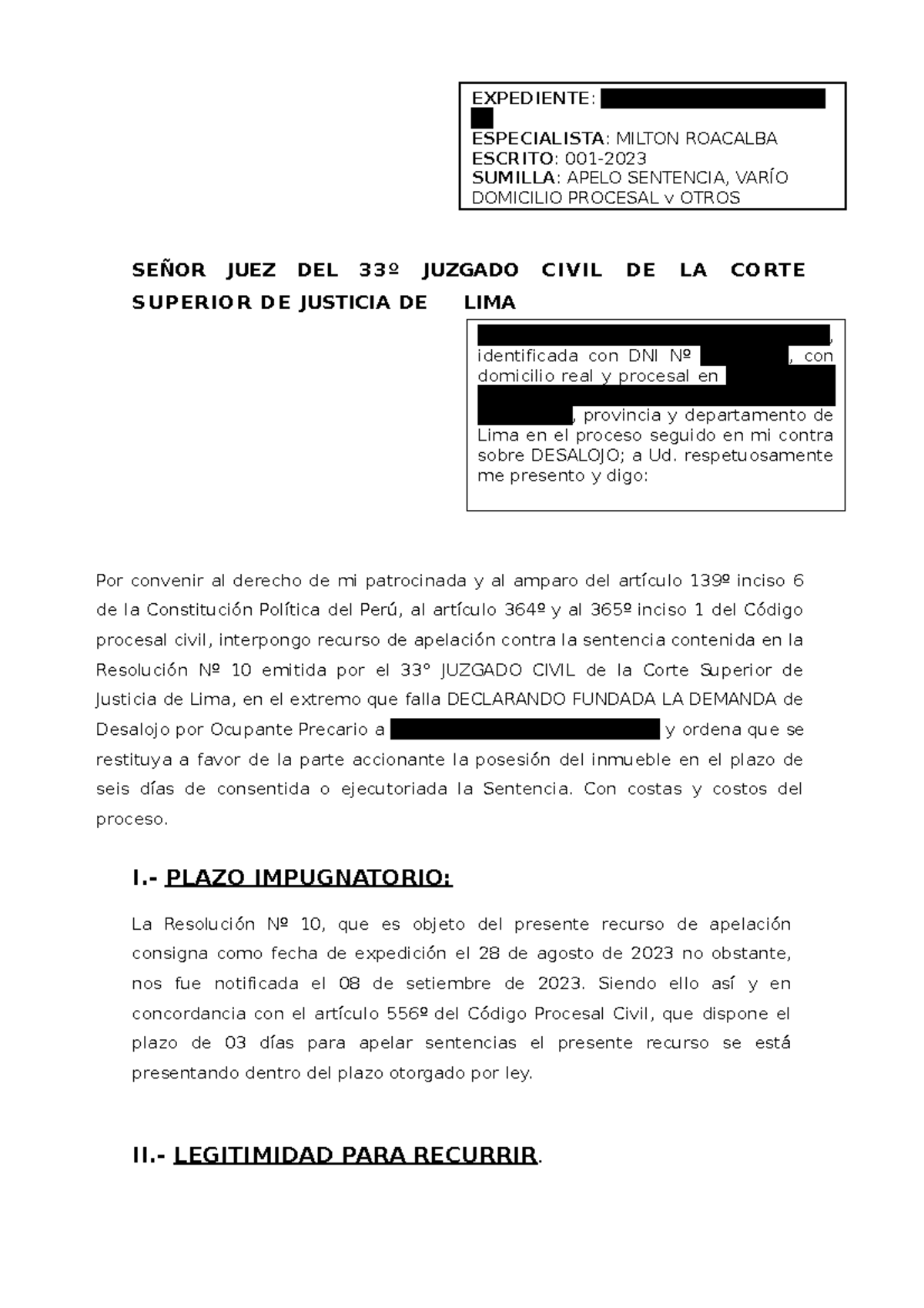 Apelación contra Sentencia en Proceso de Desalojo - 33º Juzgado Civil - Document Preview