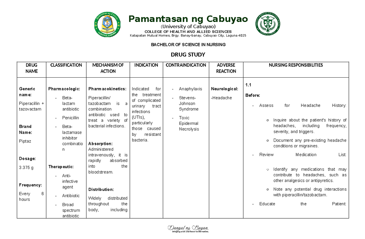 Piptaz (Piperacillin/Tazobactam) Drug Study for Nursing Students - Studocu