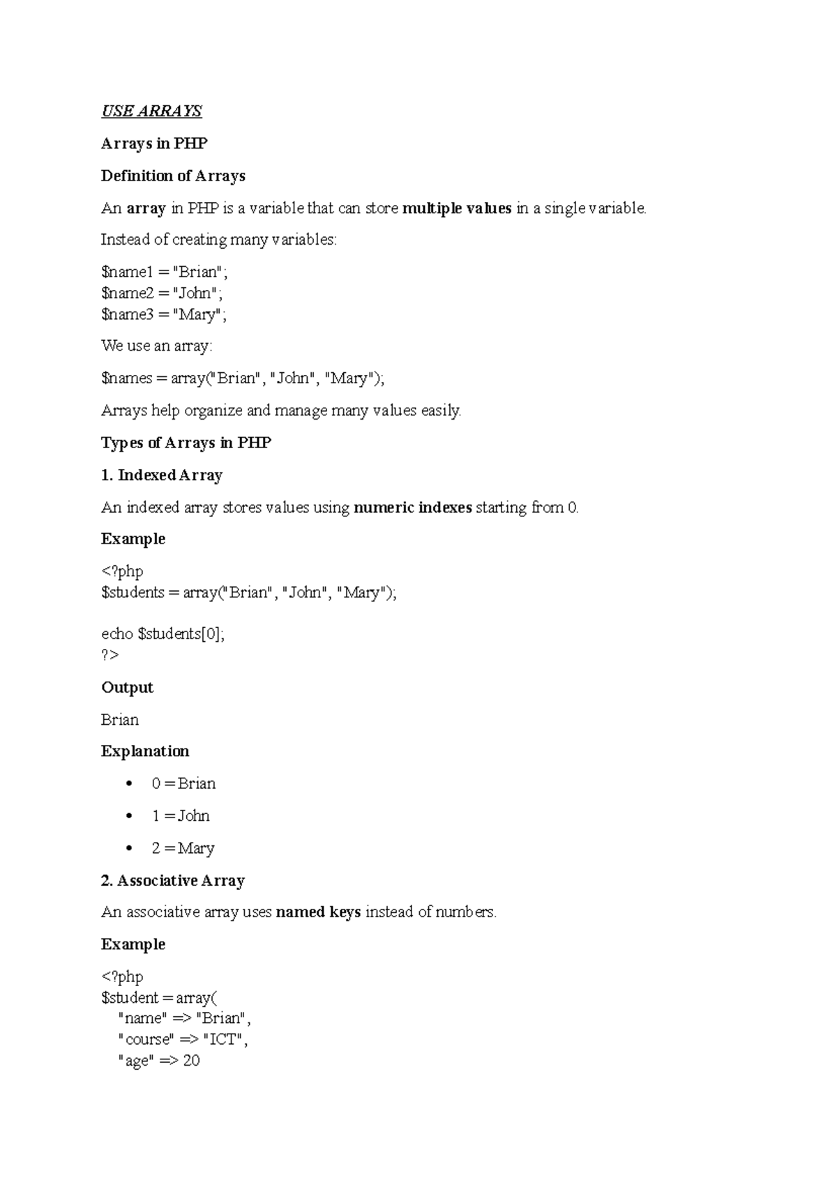 Notes on PHP Arrays & Superglobals (CS101) - Studocu