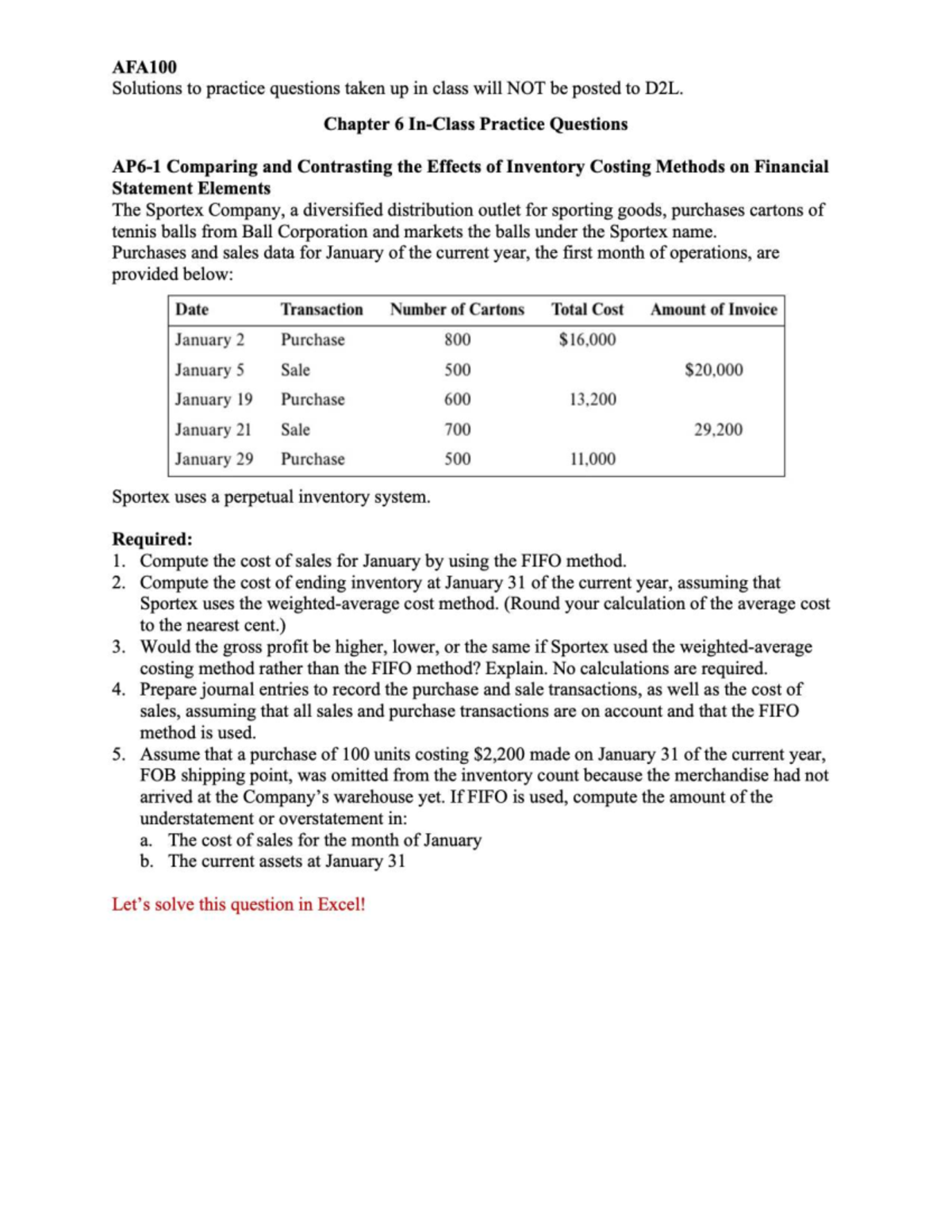 AFA100 Chapter 6 Practice Questions on Inventory Costing Methods - Studocu