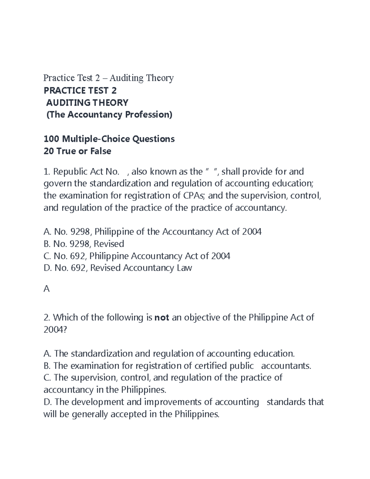 Practice Test 2: Auditing Theory (2023) - 100 Questions Review - Studocu