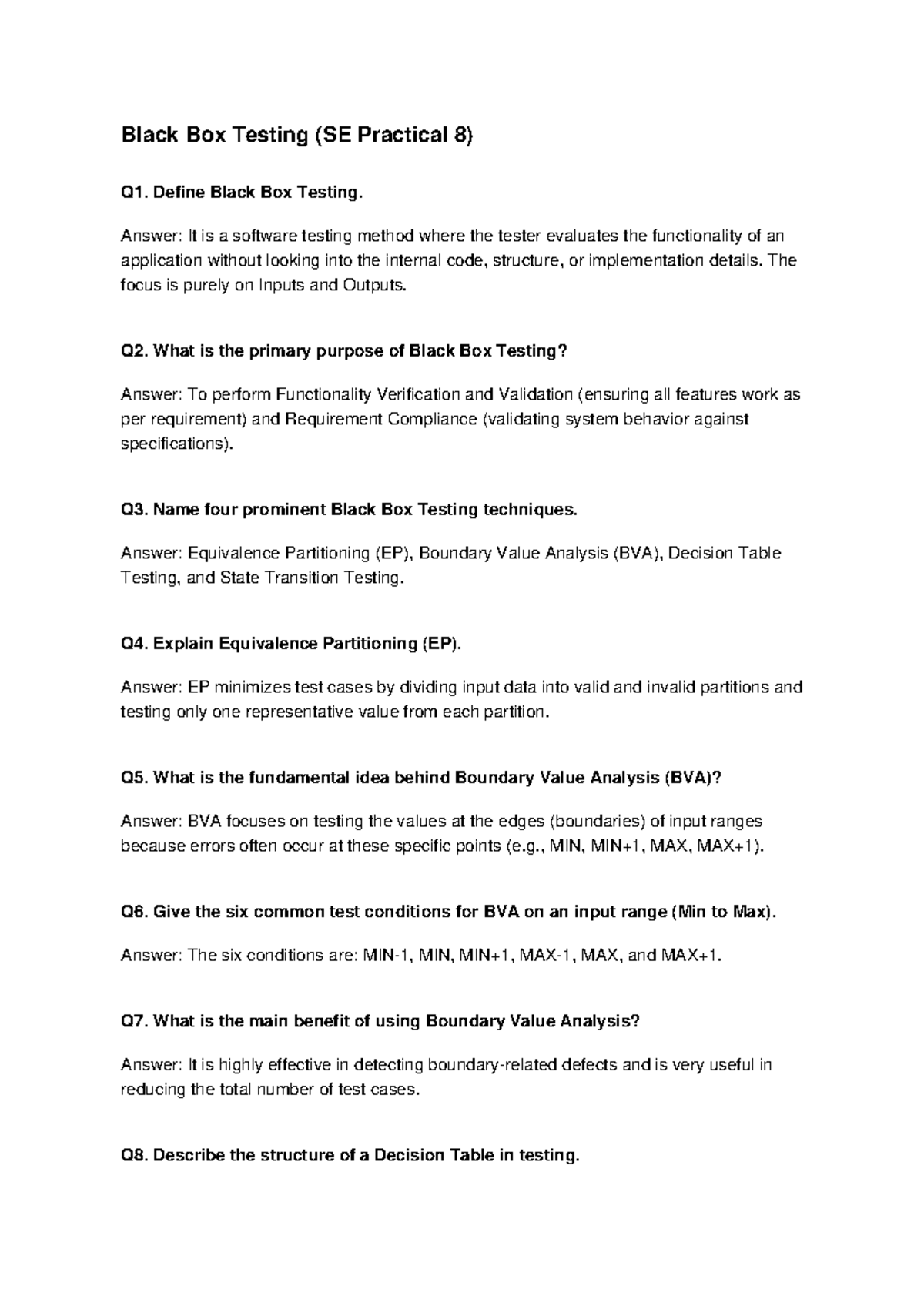 Black Box Testing (SE Practical 8) Overview and Techniques - Studocu