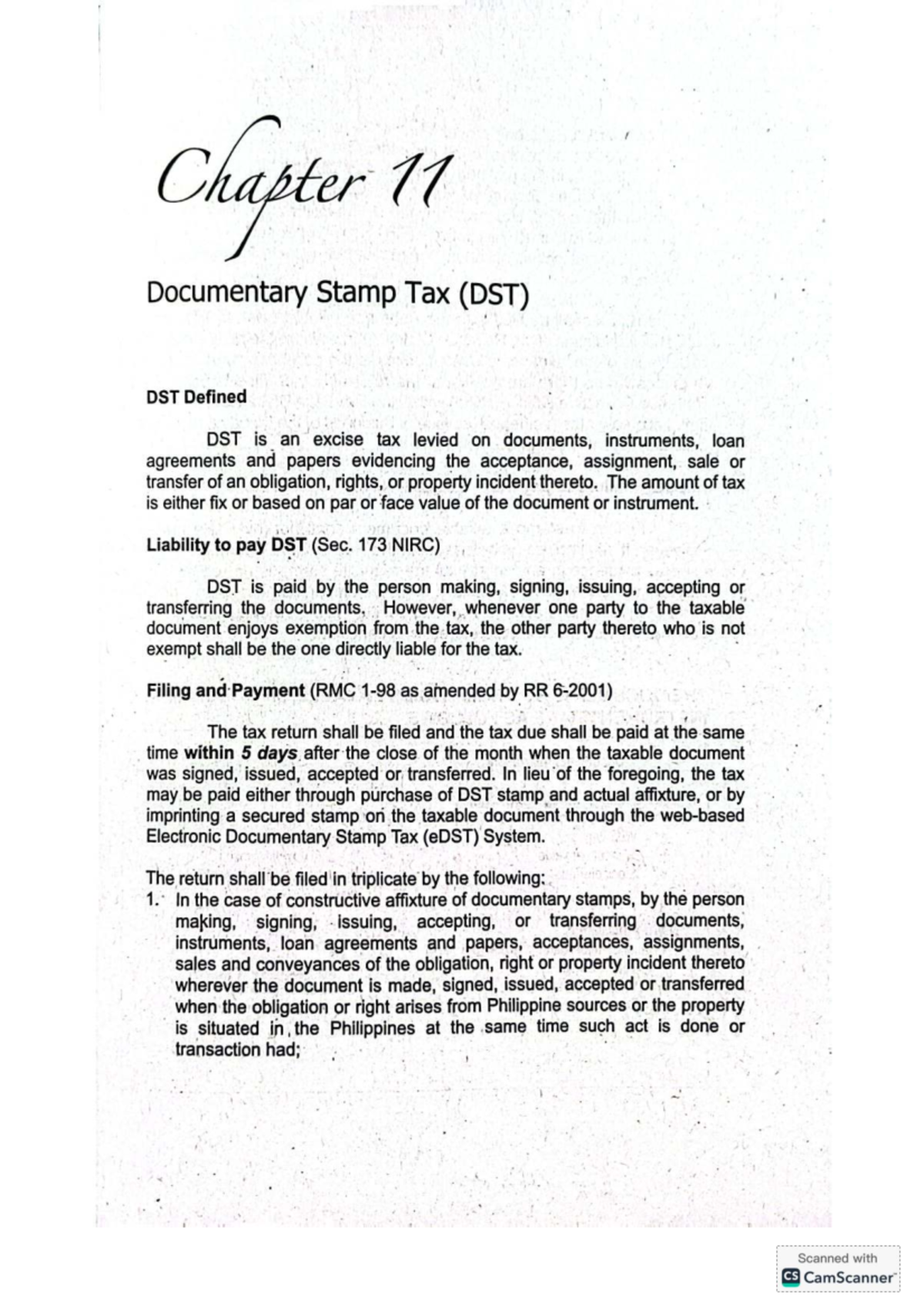 Chapter 11: Understanding Documentary Stamp Tax (DST) Regulations - Studocu