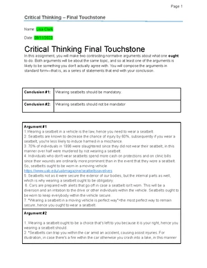 Critical Thinking CT 4 - Final Touchstone Arguments on Normative ...