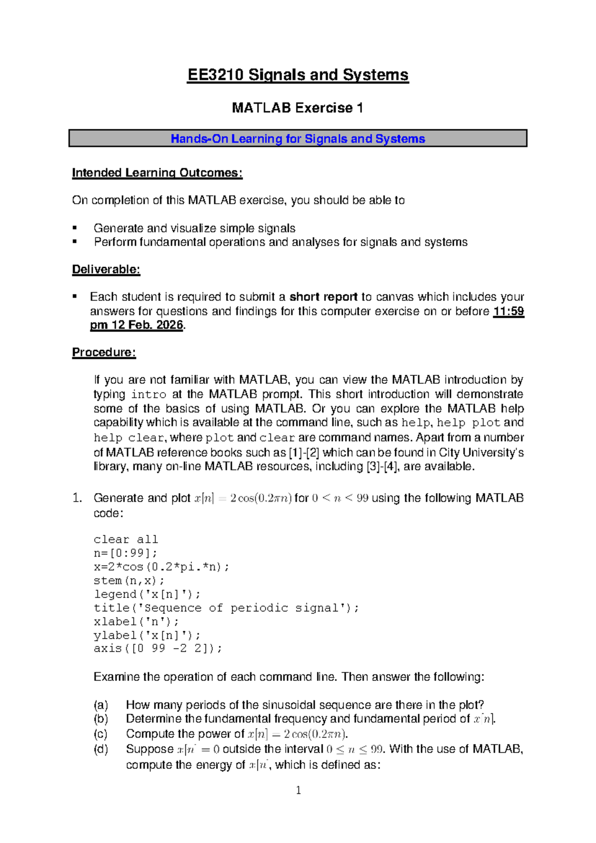 EE3210 Signals and Systems MATLAB Exercise 1 Report - Studocu