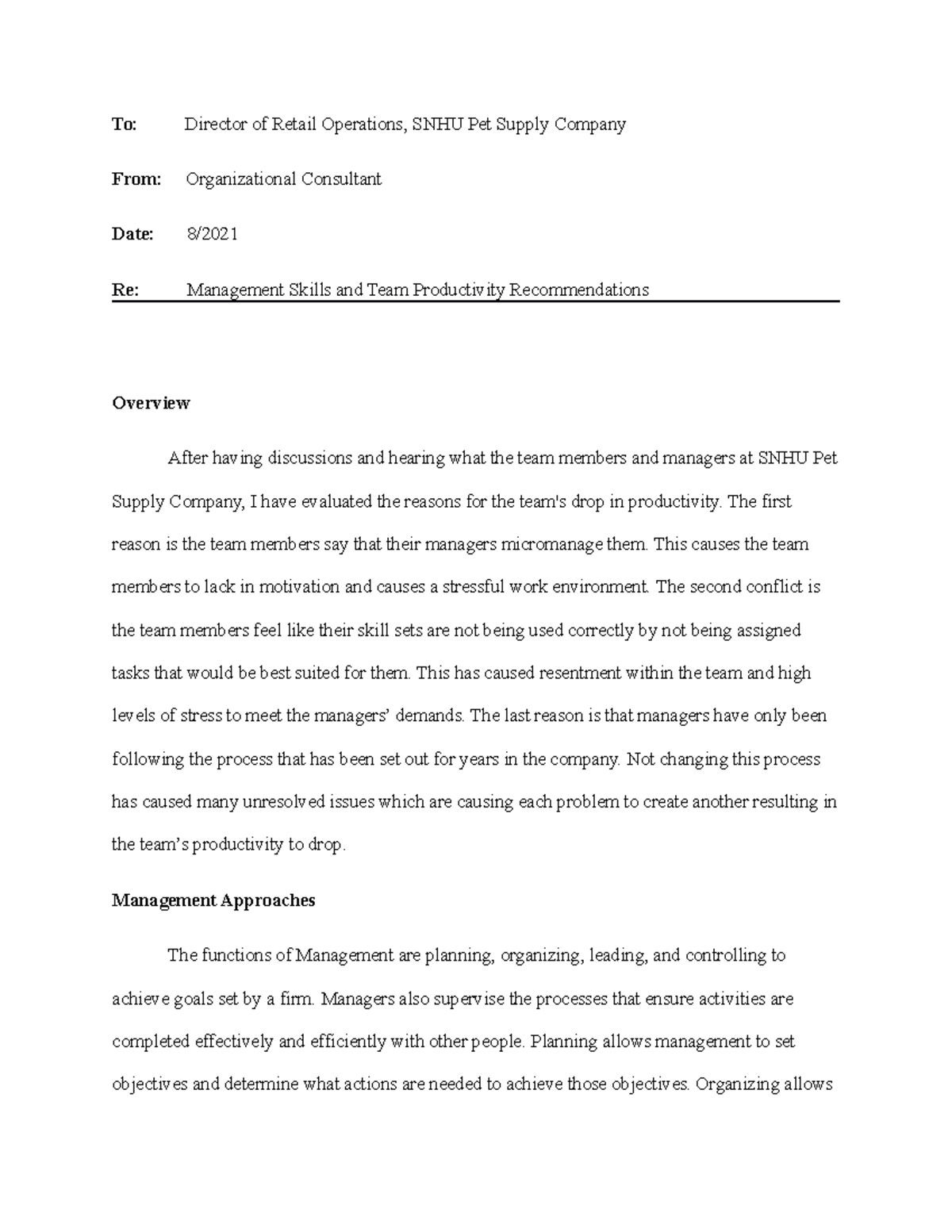 BUS 210 Management Approach Report: Enhancing Team Productivity - Studocu