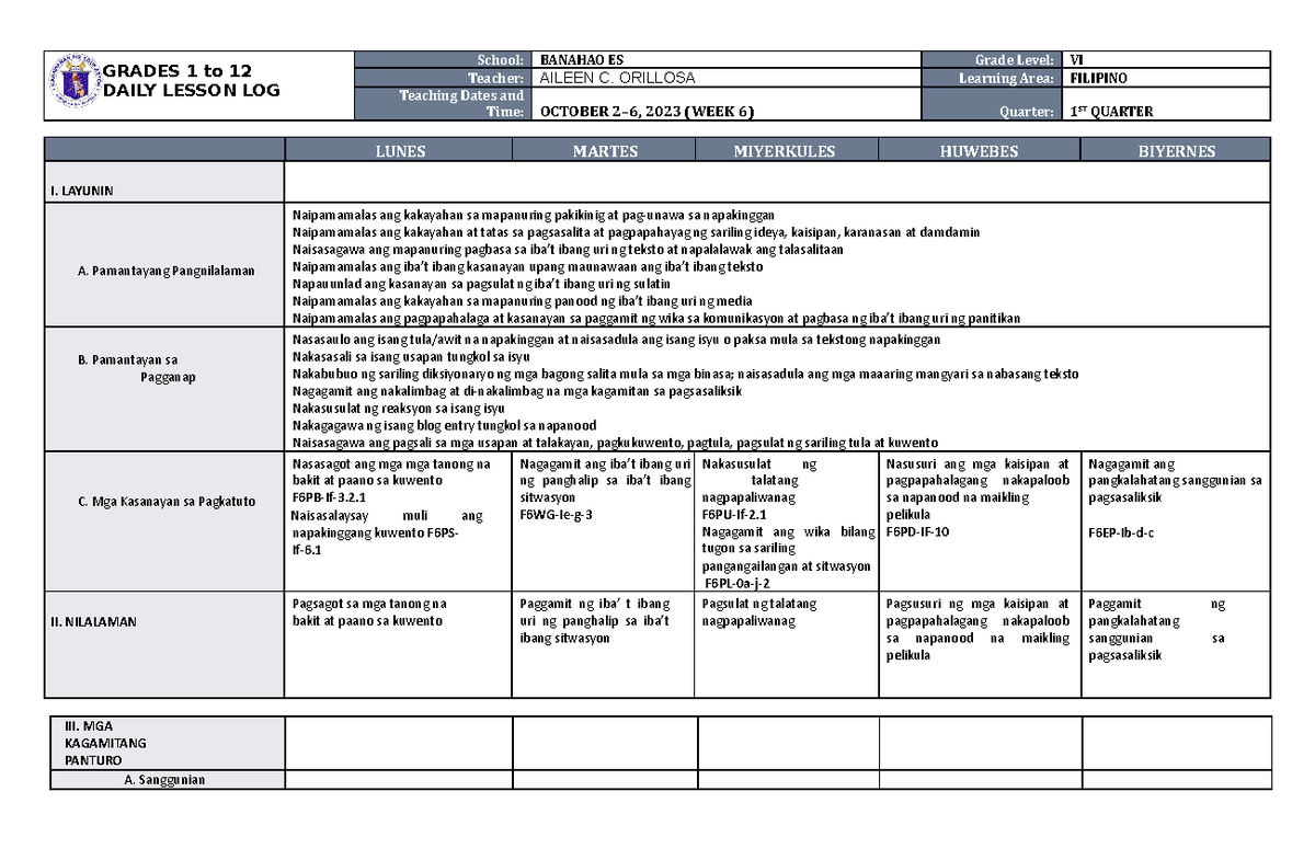 DLL Filipino 6 Q1 W6 - GRADES 1 to 12 DAILY LESSON LOG School: BANAHAO ...