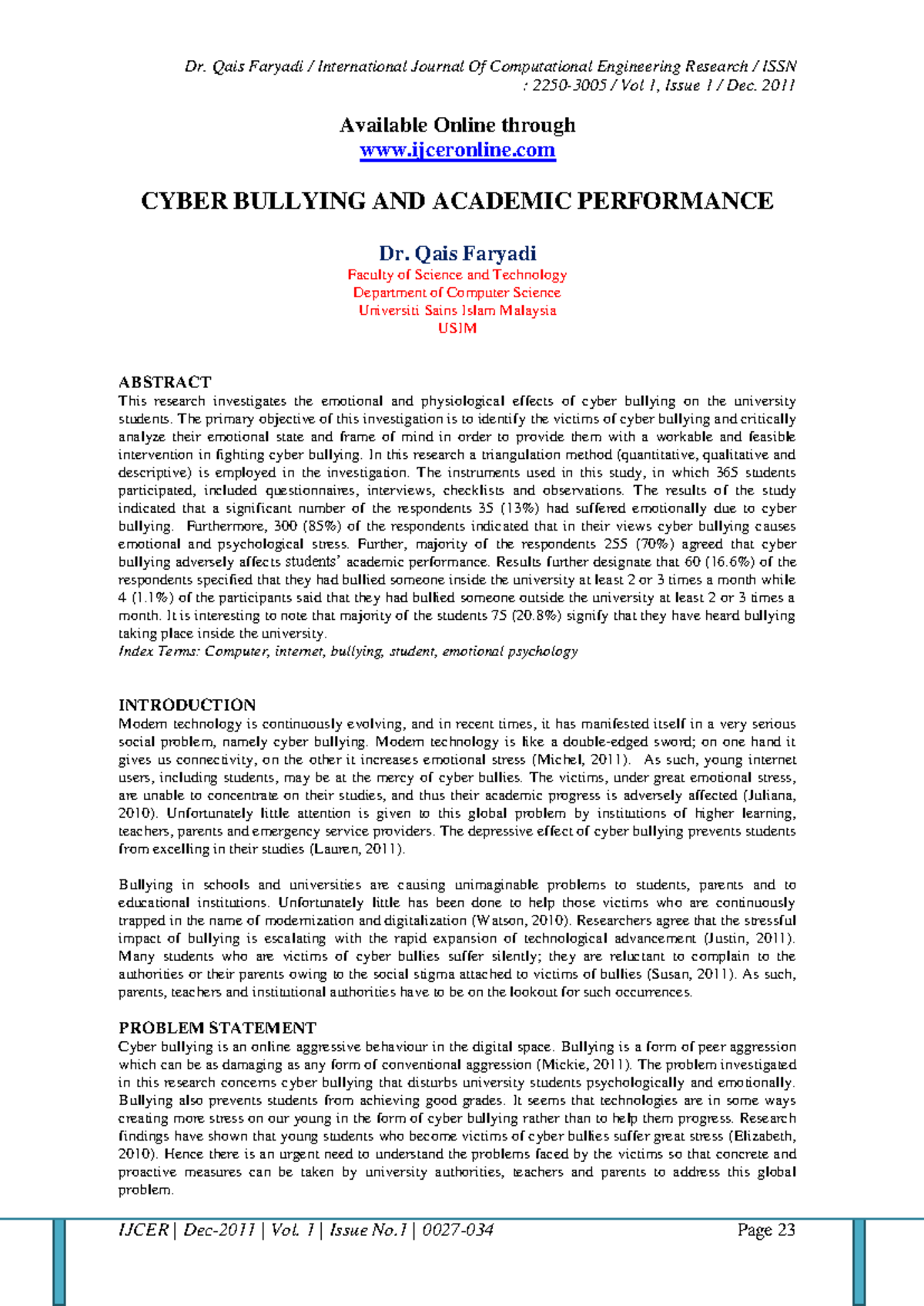 ED574784 - Impact of Cyber Bullying on Academic Performance of Students ...