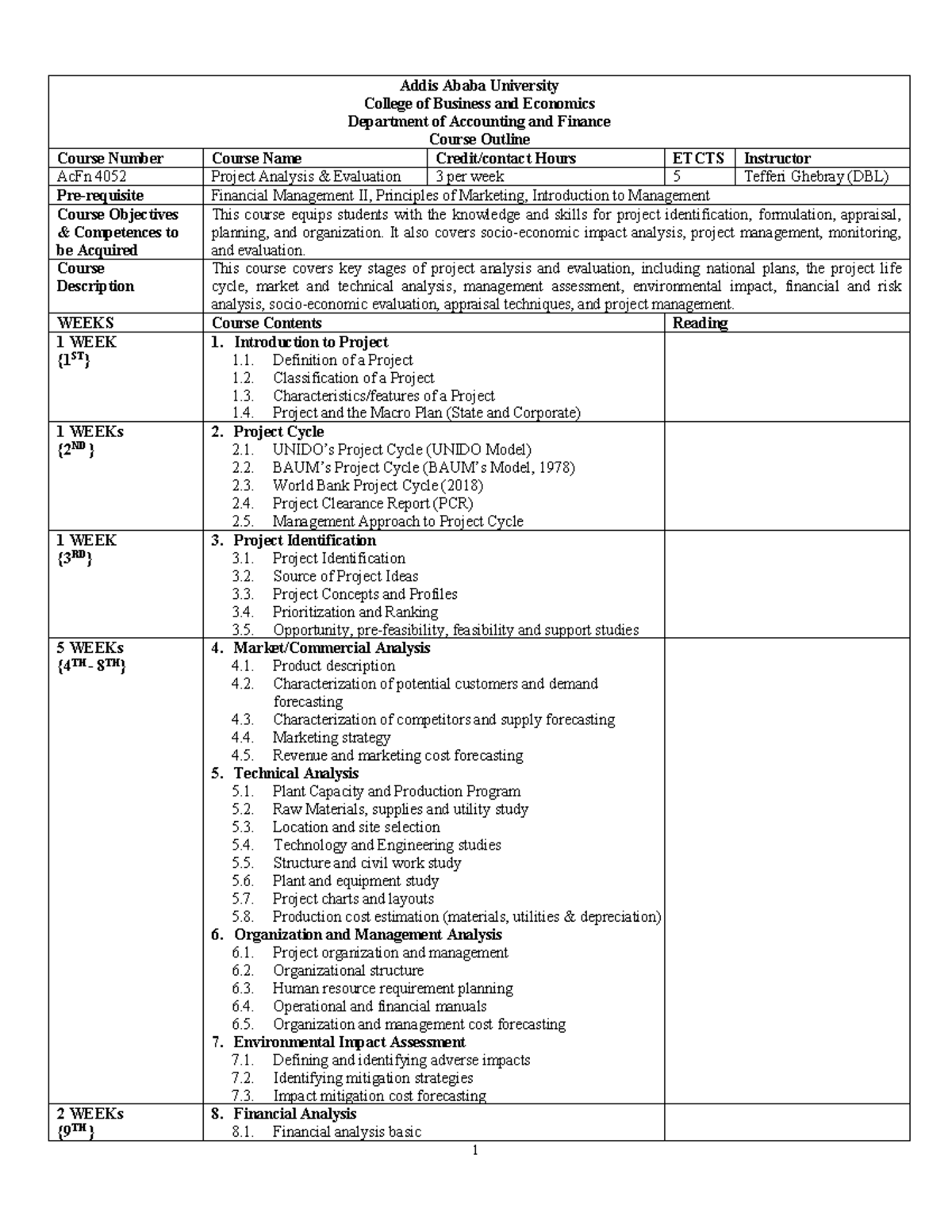 AcFn 4052 Project Analysis & Evaluation Course Outline and Objectives ...