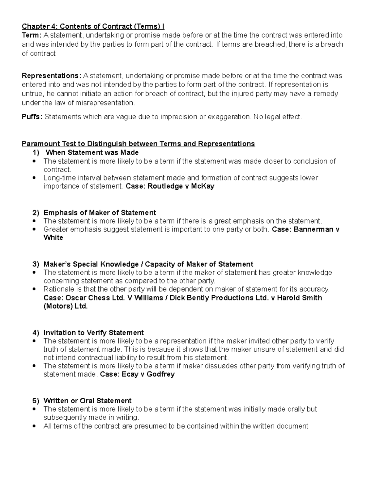 B Law Chapter 4 Contract Terms & Their Distinctions Notes - Studocu