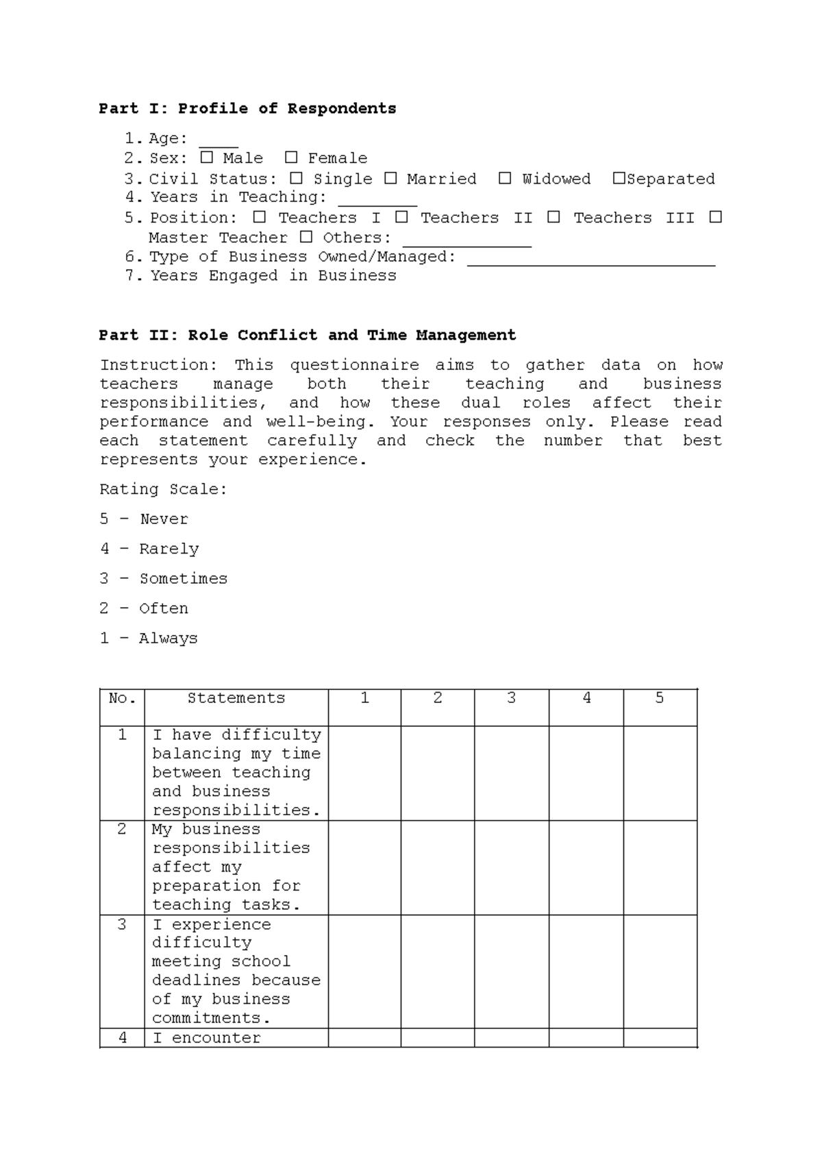Validation Questionnaire on Teacher Role Conflict and Time Management ...