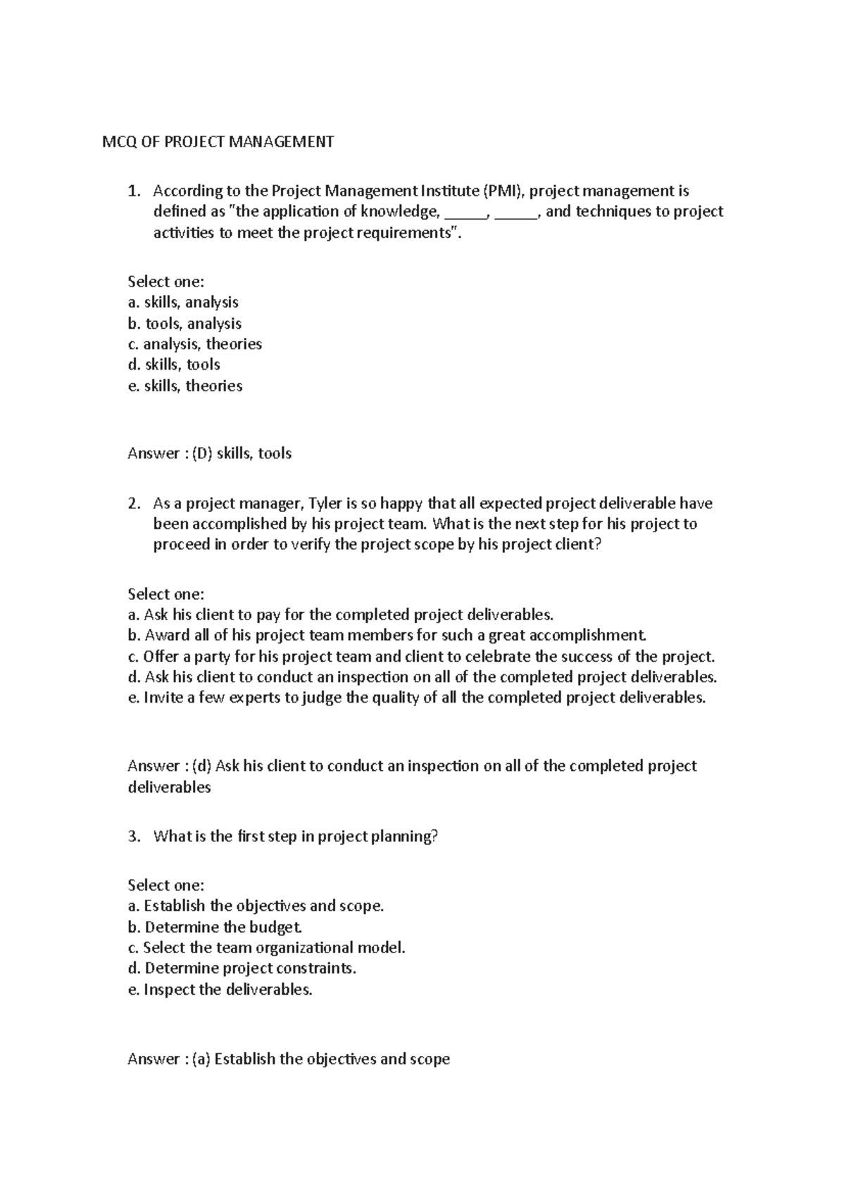 578787197 MCQ Questions on Project Management - Part 1 - Studocu
