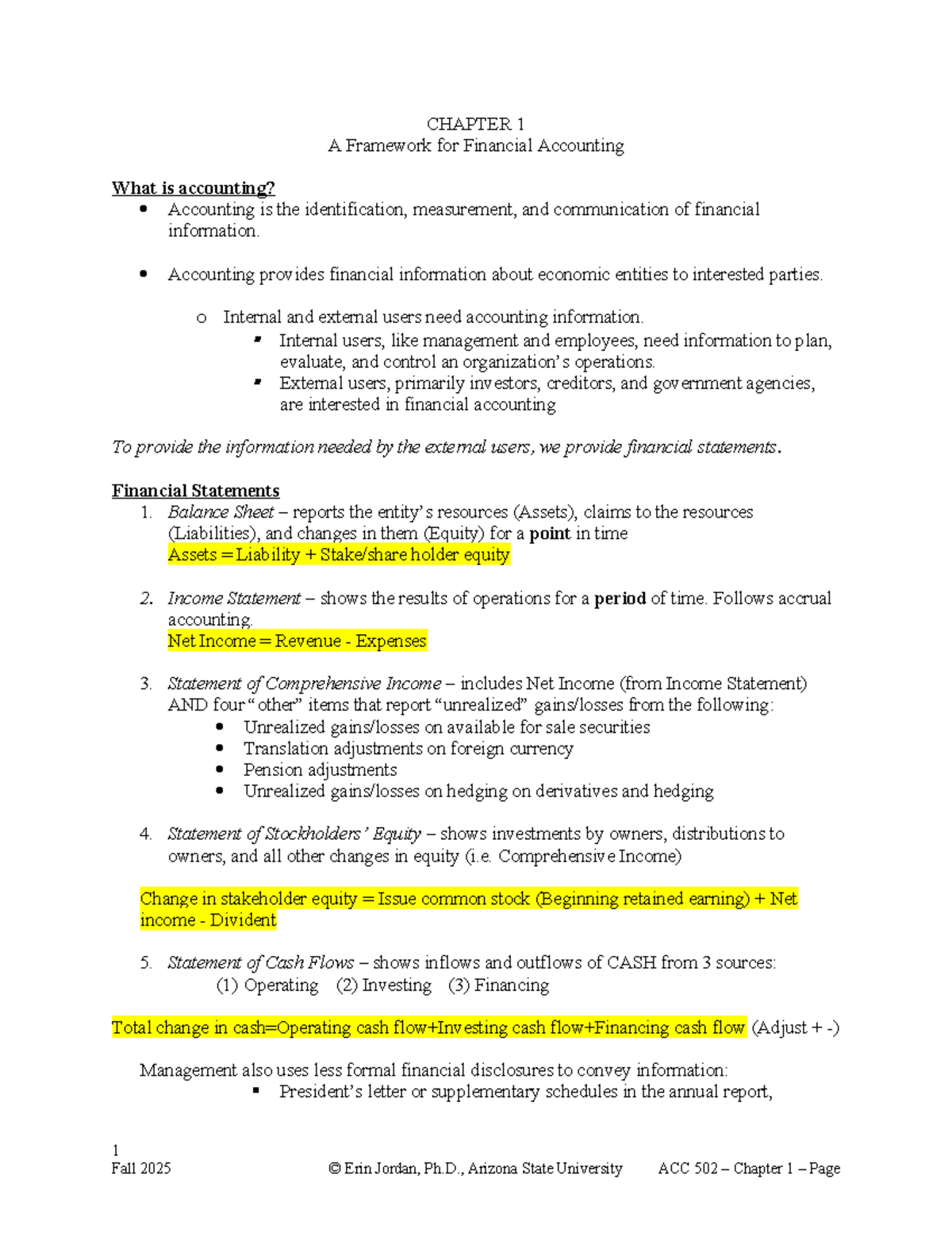 ACC 502 Chapter 1: Framework for Financial Accounting Overview - Studocu
