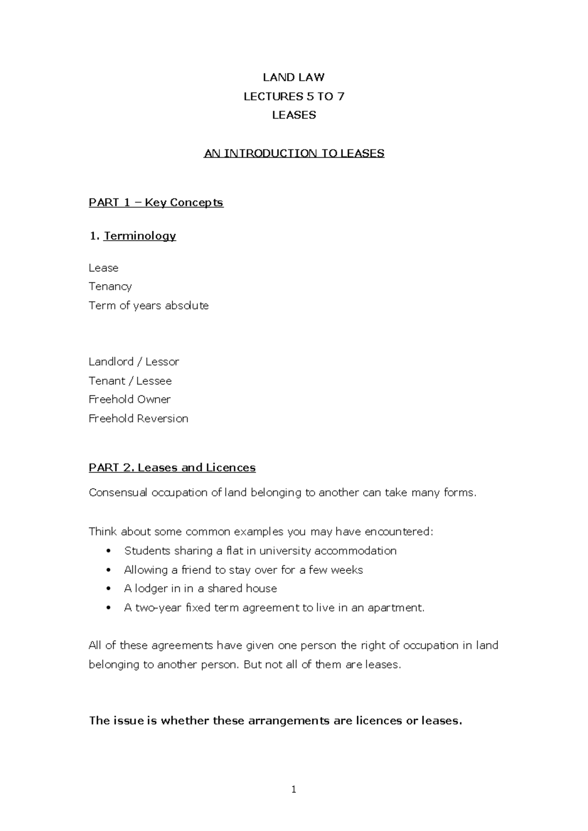 LAND LAW LECTURES 5-7: INTRODUCTION TO LEASES AND KEY CONCEPTS - Studocu