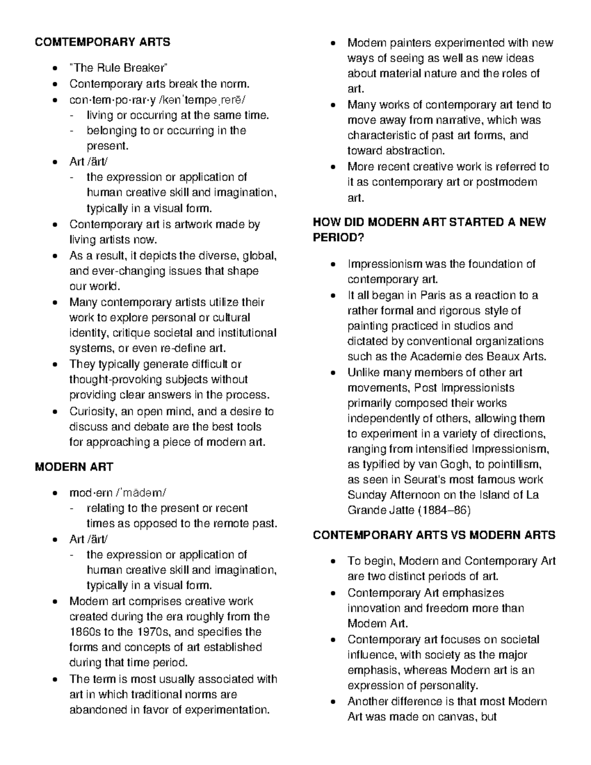 ARTA- Finals - Contemporary vs Modern Arts Topic Summary - Studocu