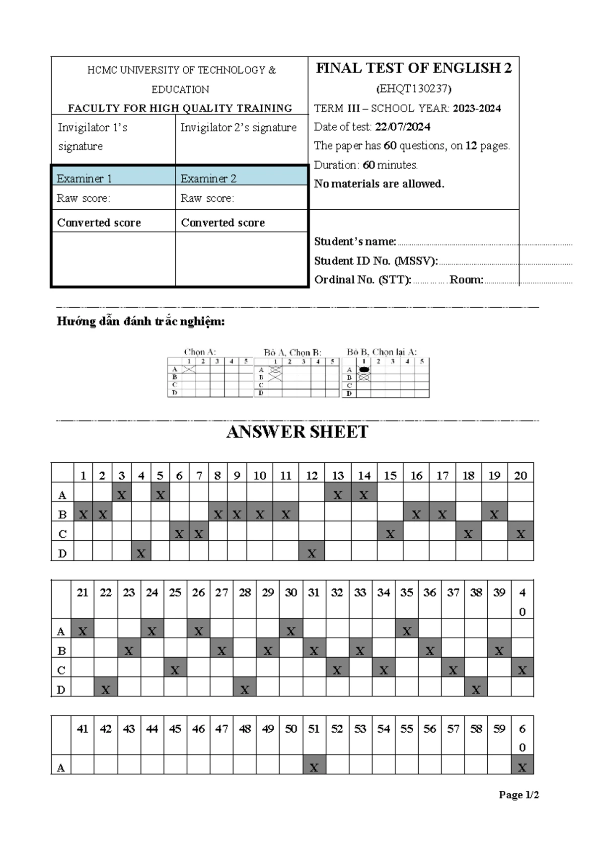 Final Test Keys for English 1 (ENGL130137) - Term II 2022-2023 - Studocu