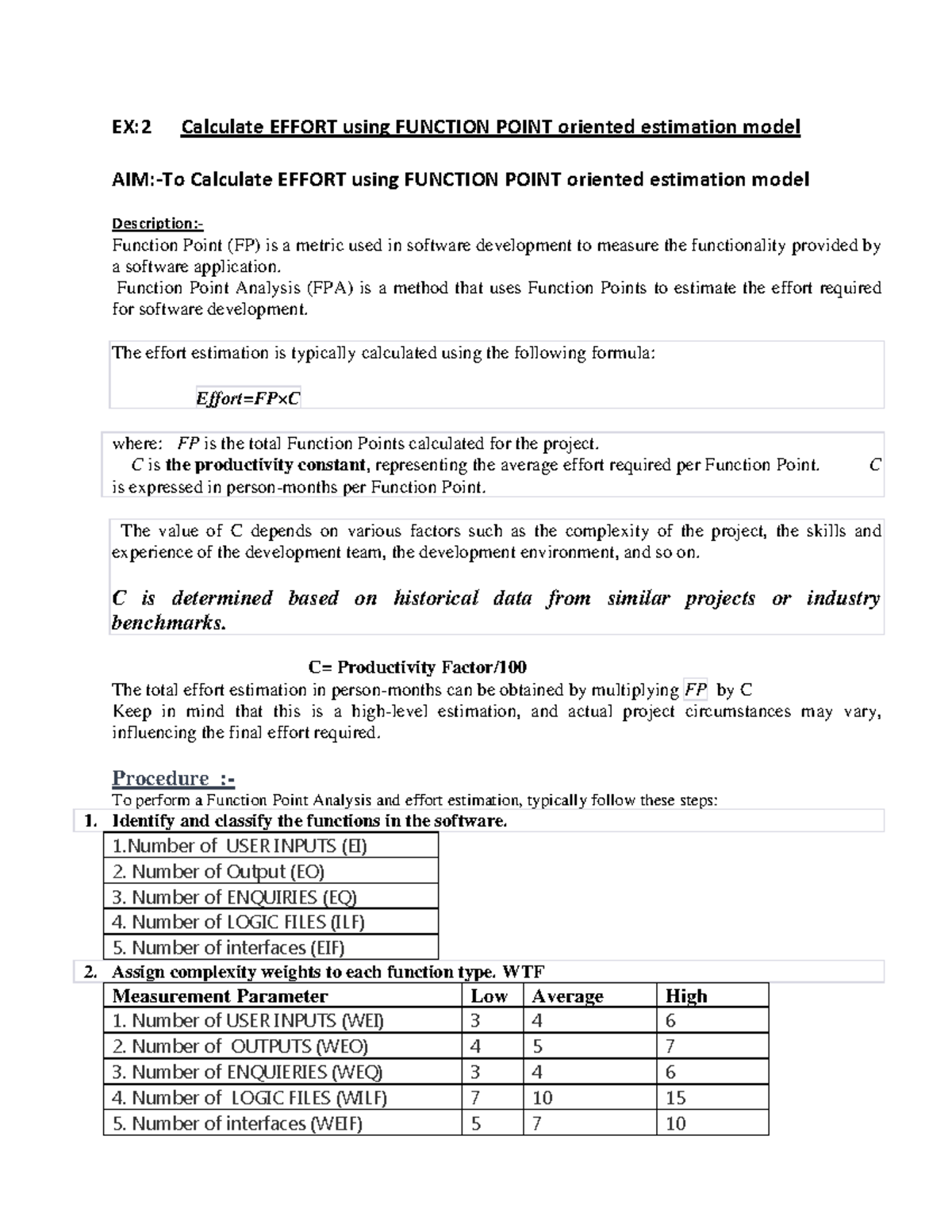 SE&OOAD LAB EX-2: Function Point Effort Estimation Guide - Studocu
