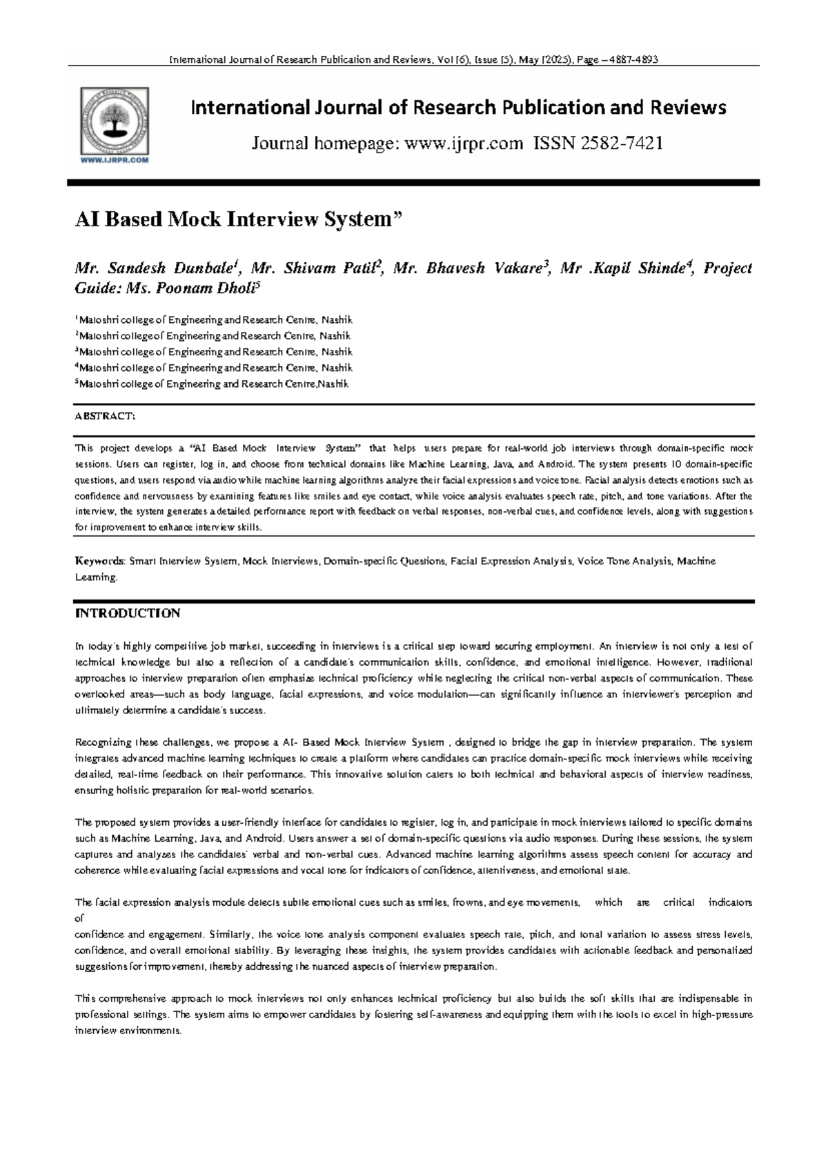 AI-Based Mock Interview System: Enhancing Interview Skills (IJRPR 45237 ...