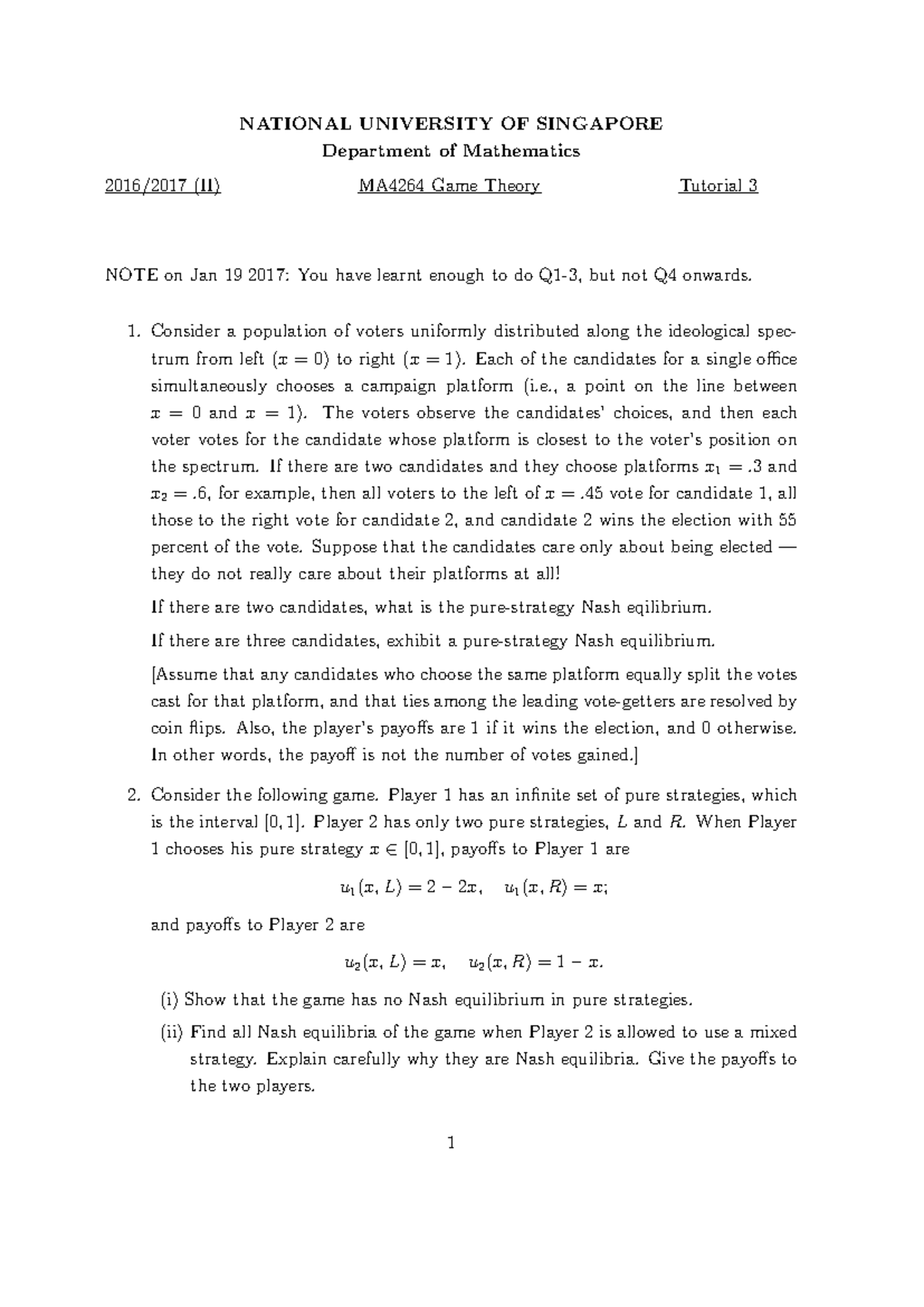 MA4264 - Game Theory Tutorial 3 Questions and Solutions - Studocu