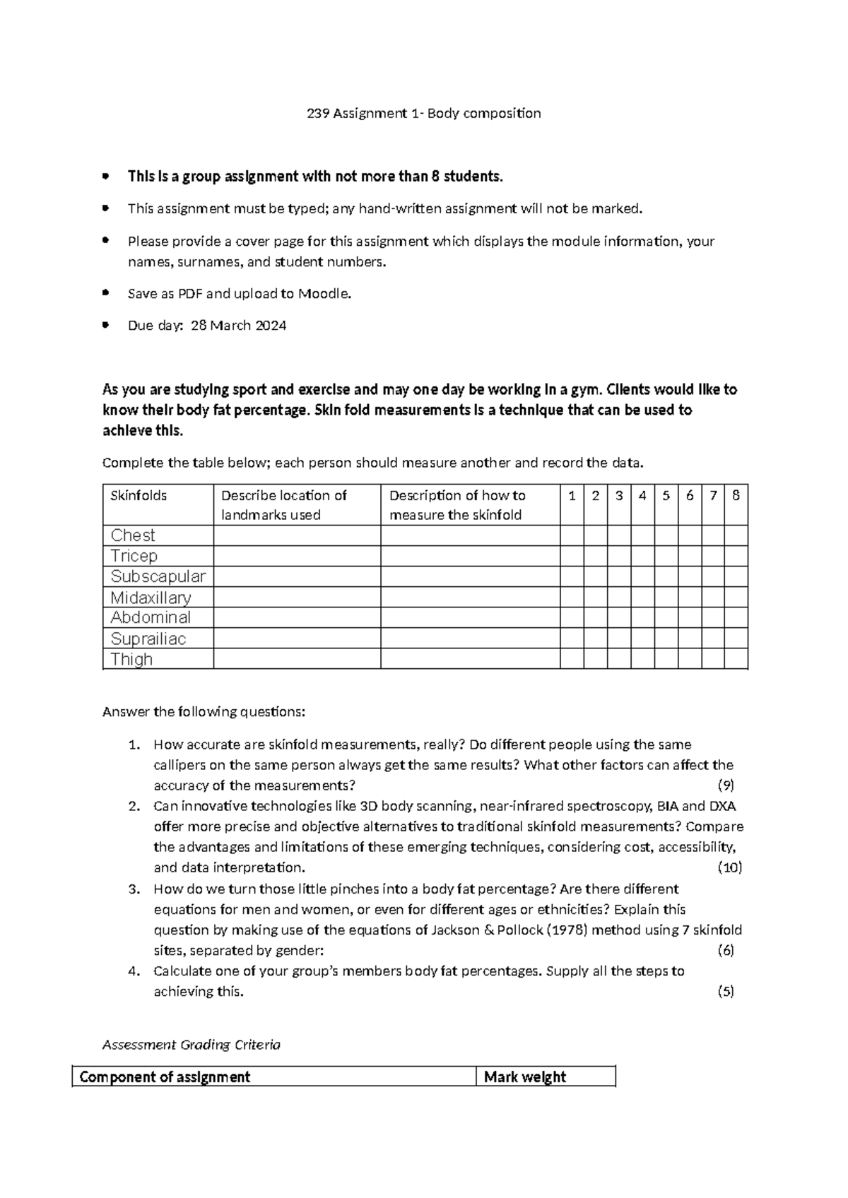 239 Body Composition Assignment 1 - Group Project 2024 - Studocu