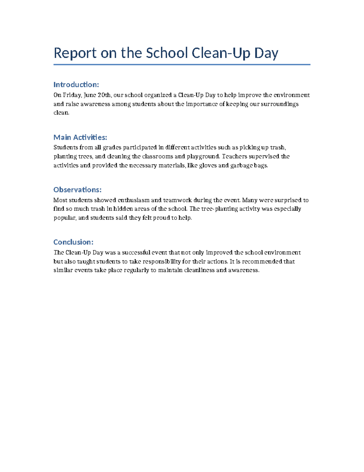 Report on School Clean Up Day: Activities & Observations - Studocu